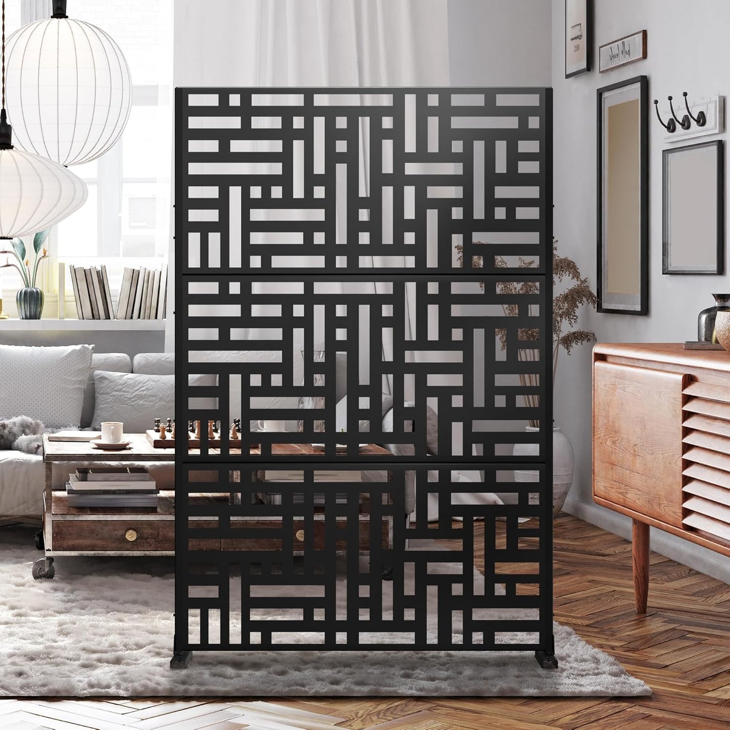 Metal Privacy Screen 72" H47 W,Freestanding Decorative Outdoor Panel for Balcony Patio Lawn Garden,Fence-Black & Street
