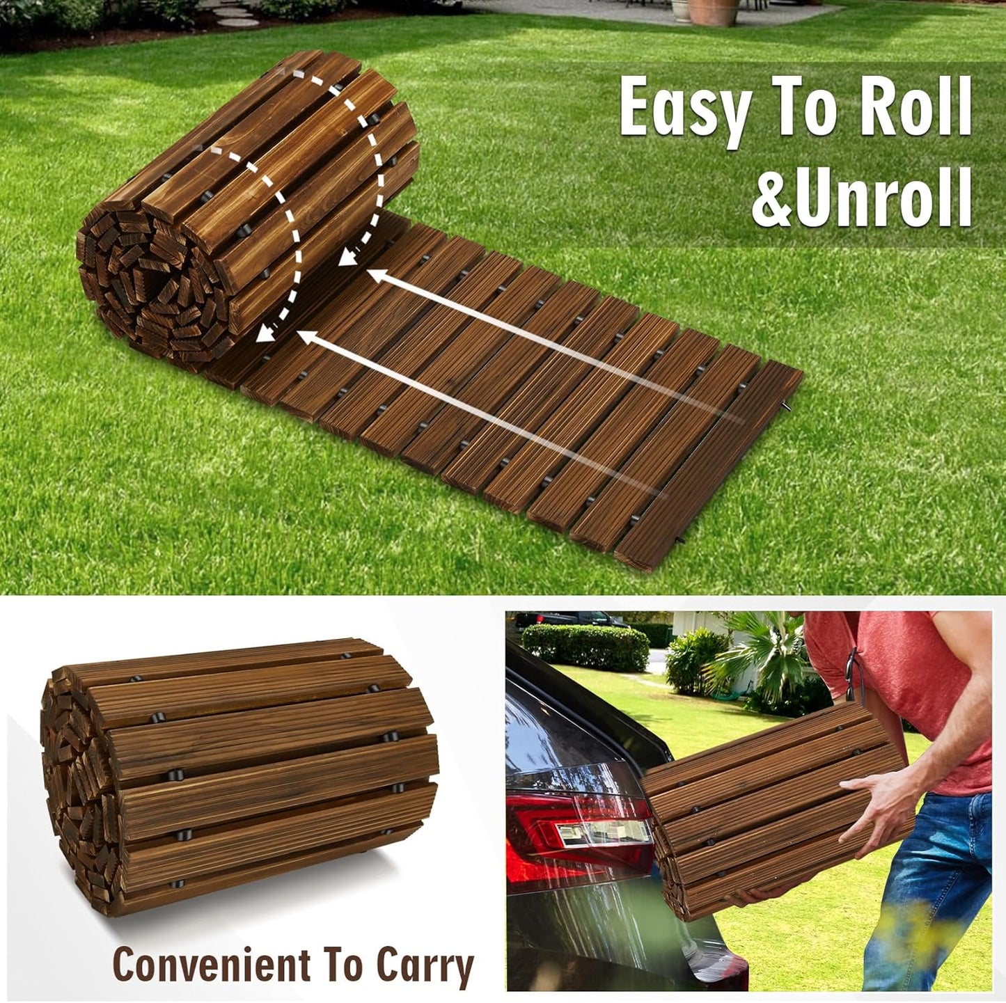 12FT Wooden Garden Pathway,Outdoor Roll Out Decorative Straight Walkway,Weather-Resistant Patio Path,Non-Slip Pavers Boardwalk for Garden, Backyard, Beach, Wedding Party Pathways