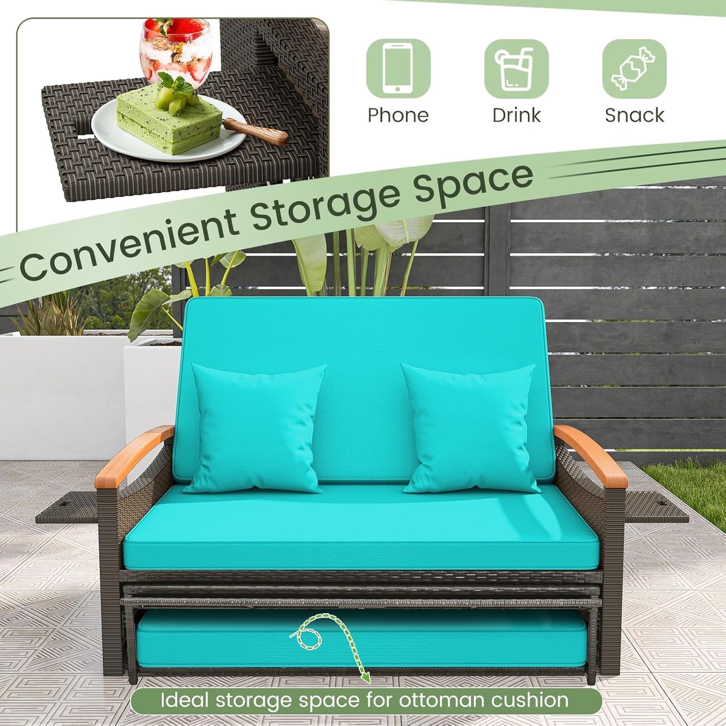 Tangkula Patio Rattan Daybed Set with Cushioned Loveseat and Storage Ottoman, Outdoor Double Chaise Lounger with 4-Level Adjustable Backrest and Retractable Side Trays for Backyard (Turquoise)