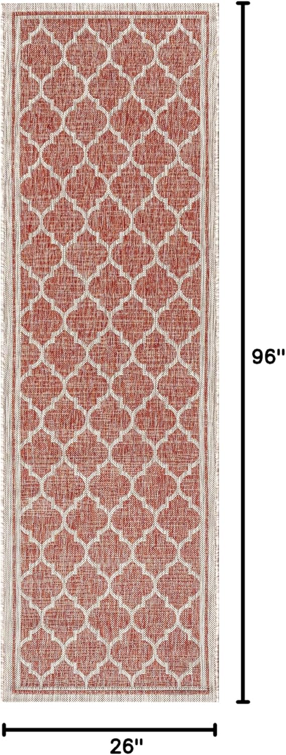 Eyely BMS109C-28 Santa Monica Trebol Moroccan Trellis Textured Weave Indoor/Outdoor Runner Rug Coastal;Bohemian, Bedroom, Backyard, Patio, Easy-Cleaning, Non-Shedding, 2 X 8, Red/Beige