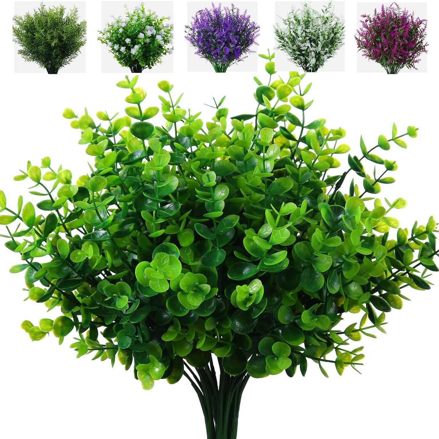 Artificial Plants Flowers Grass Shrubs 8 Pack No Fade Faux Plastic Flowers Outdoor for Farmhouse Garden Porch Patio Indoor Wedding Decoration Greenery Fake Plants uv Resistant (1#Green)