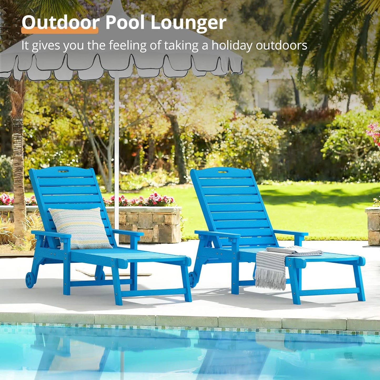 LUE BONA Chaise Lounge Chair with Table, 2-Piece, 79'' Oversized HDPS Chaise Lounger, 5 Positions Adjustable Lounge Chairs, Pool Lounge Chair with Wheels for Poolside, Backyard, 3 Year Warranty, Blue