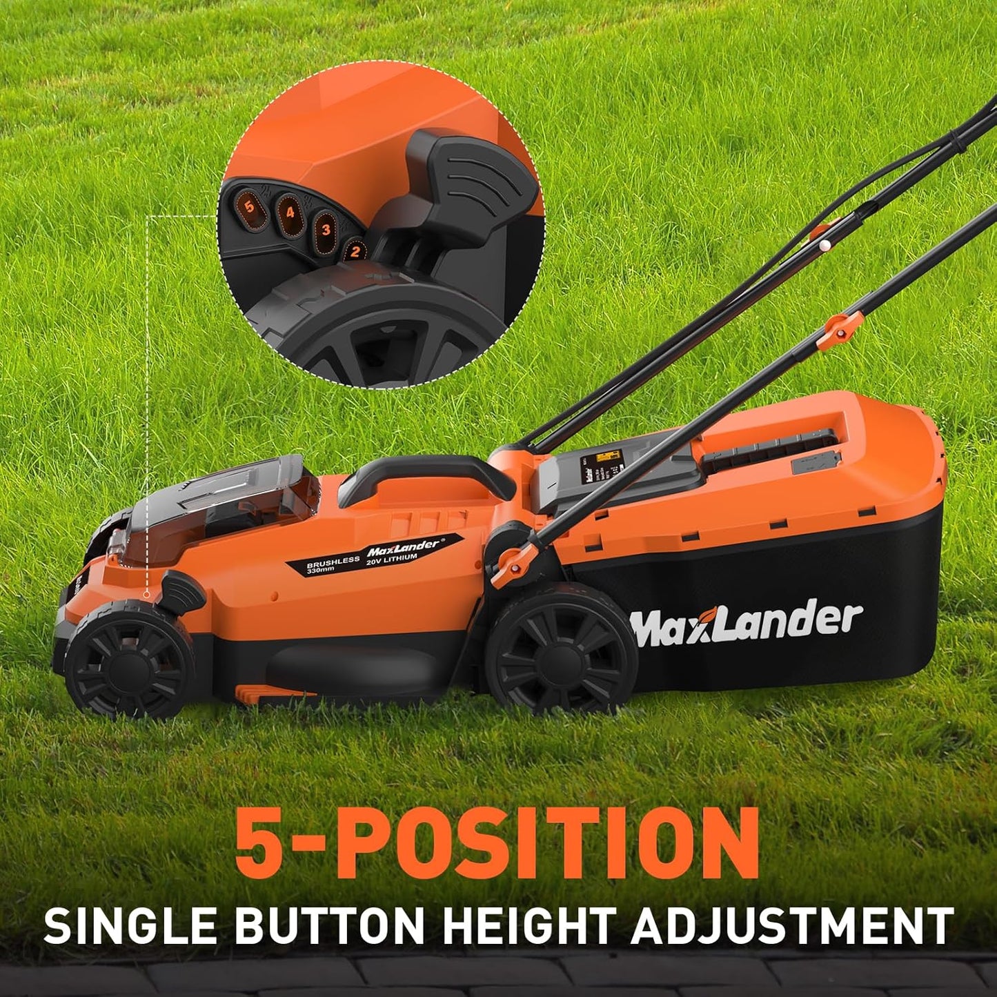 Maxlander Lawn Mowers, 13Inch Electric Lawn Mower Cordless, 20V 2-in-1 Battery Powered Lawn Mower with Brushless Motor, 5-Position Height Adjustment, Battery and Charger Included