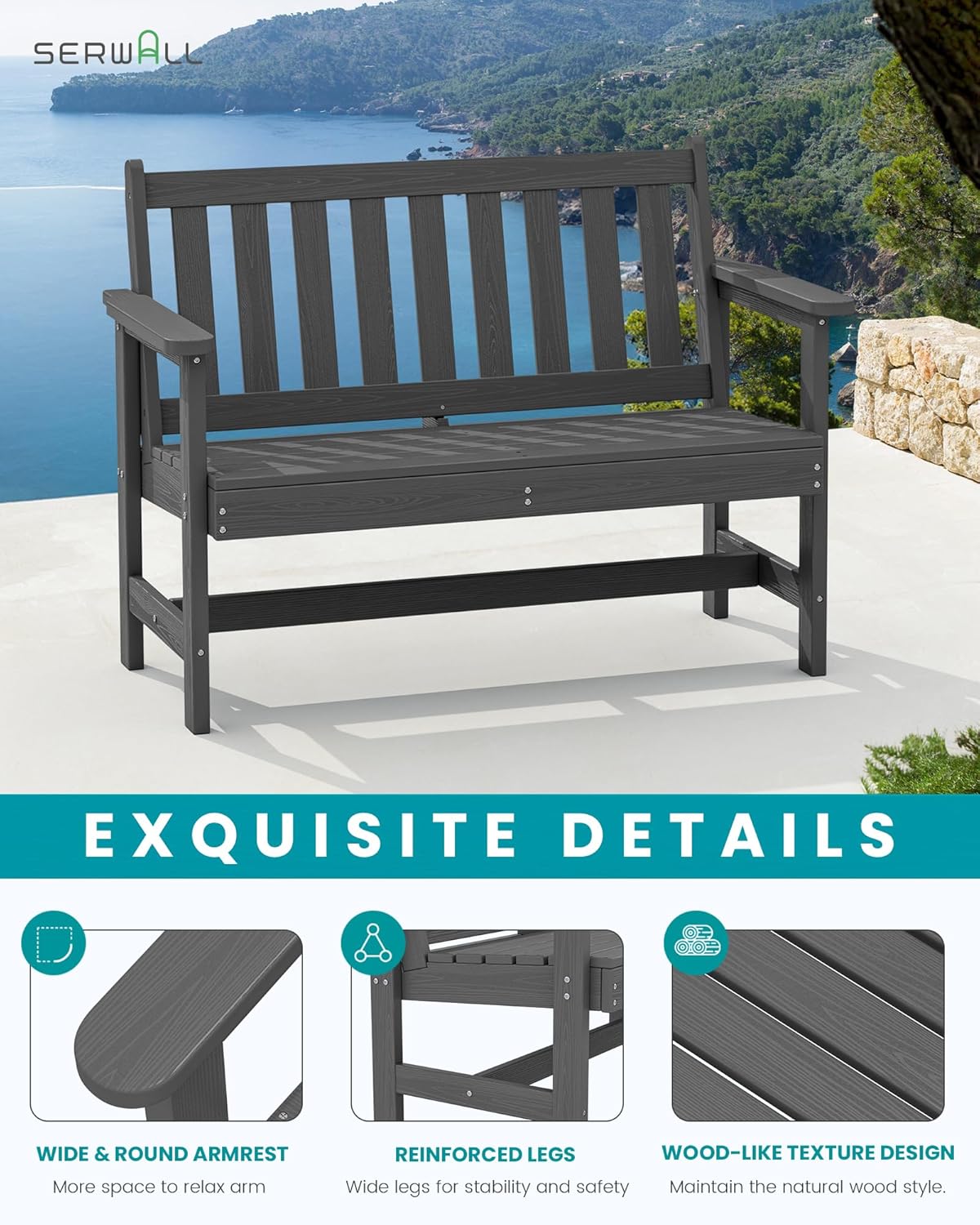 SERWALL Outdoor Bench, HDPE Outdoor Benches Weatherproof, 2-Person Garden Bench with 660 lbs Weight Capacity, Patio Benches for Outdoors, Garden, Porch, Backyard and Park, Grey, 4 Pack
