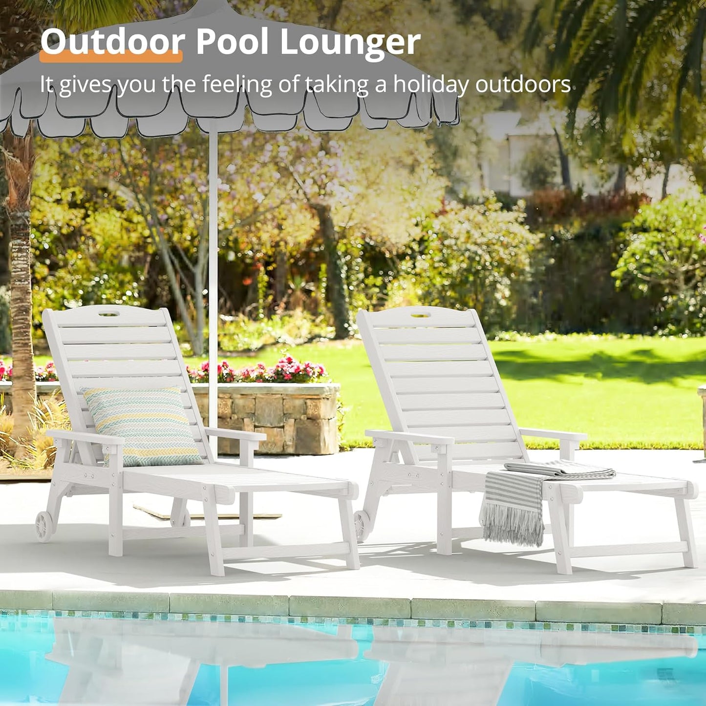 LUE BONA Chaise Lounge Chairs Set with Table, 3-Piece, 79'' Oversized HDPS Chaise Lounger, 5 Positions Adjustable Lounge Chairs, Pool Lounge Chair with Wheels for Poolside, 3 Year Warranty, White