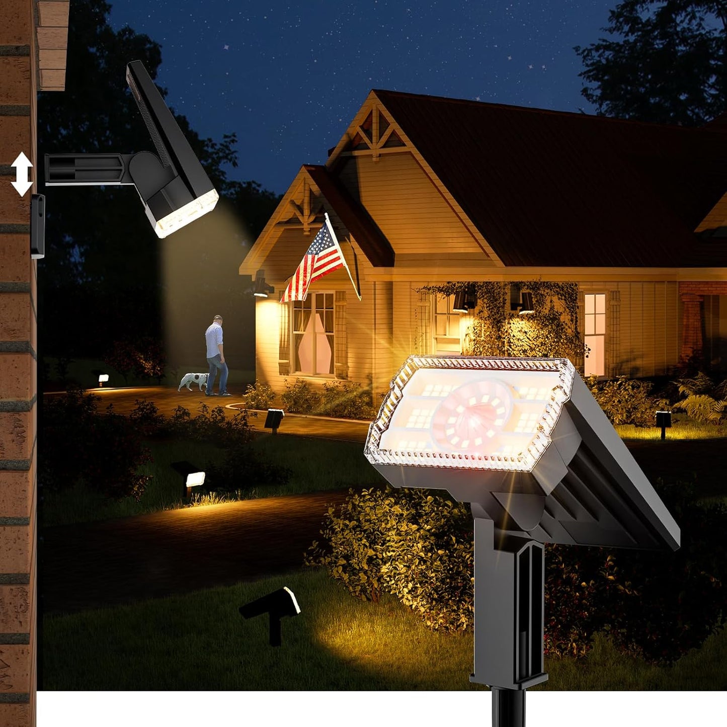 Large Panel Solar Spot Lights Outdoor, [58 LED/3500K/3 Modes] Solar Flood Lights Waterproof IP67, Auto On/Off, 2-in-1 Wall Light Outdoor Light for Tree Yard Garden Pathway, 2 Pack