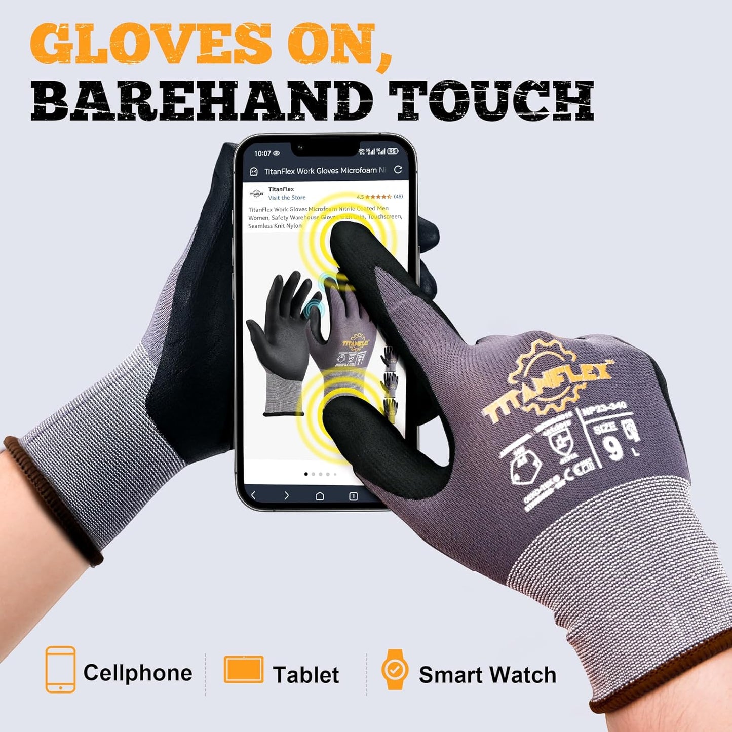 TitanFlex Work Gloves Microfoam Nitrile Coated Men Women, Safety Warehouse Gloves with Grip, Touchscreen, Seamless Knit Nylon