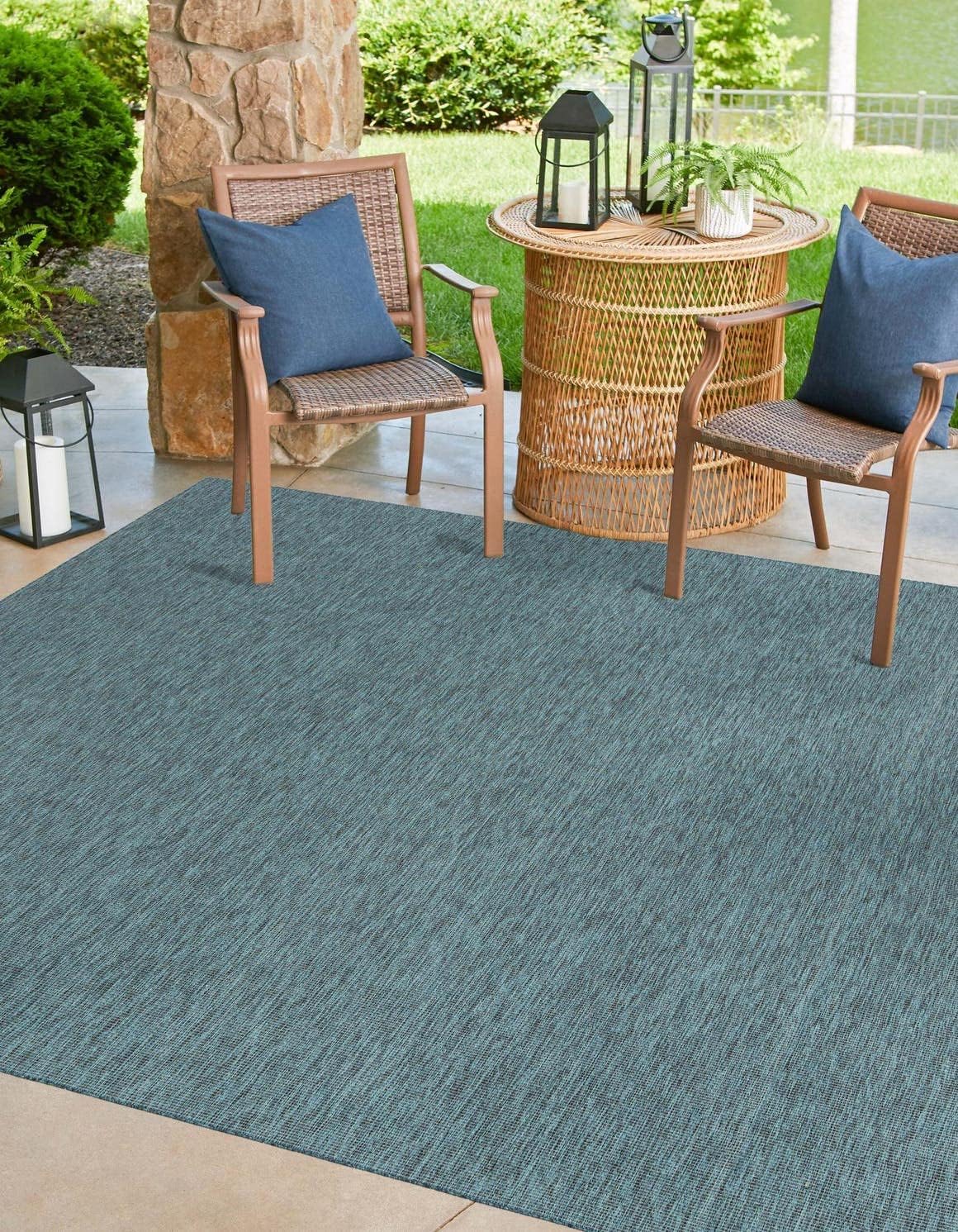Unique Loom Outdoor Solid Collection Area Rug (10' Square Teal/Navy Blue)