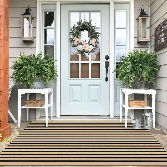 IOHOUZE Striped Area Rug 4'x6' Front Door Rugs Washable Area Rug for Double Front Porch, Large Patio Rug Outdoor Indoor, Doormat for Entryway Porch Entrance, Tan/Black