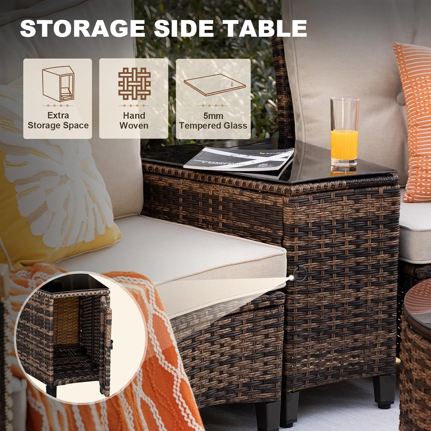 9 Piece Outdoor Patio Furniture Set, Half-Moon Curved Sectional Sofa Rattan Conversation Set with Wood Armrests, Coffee Table & Side Table（Brown）