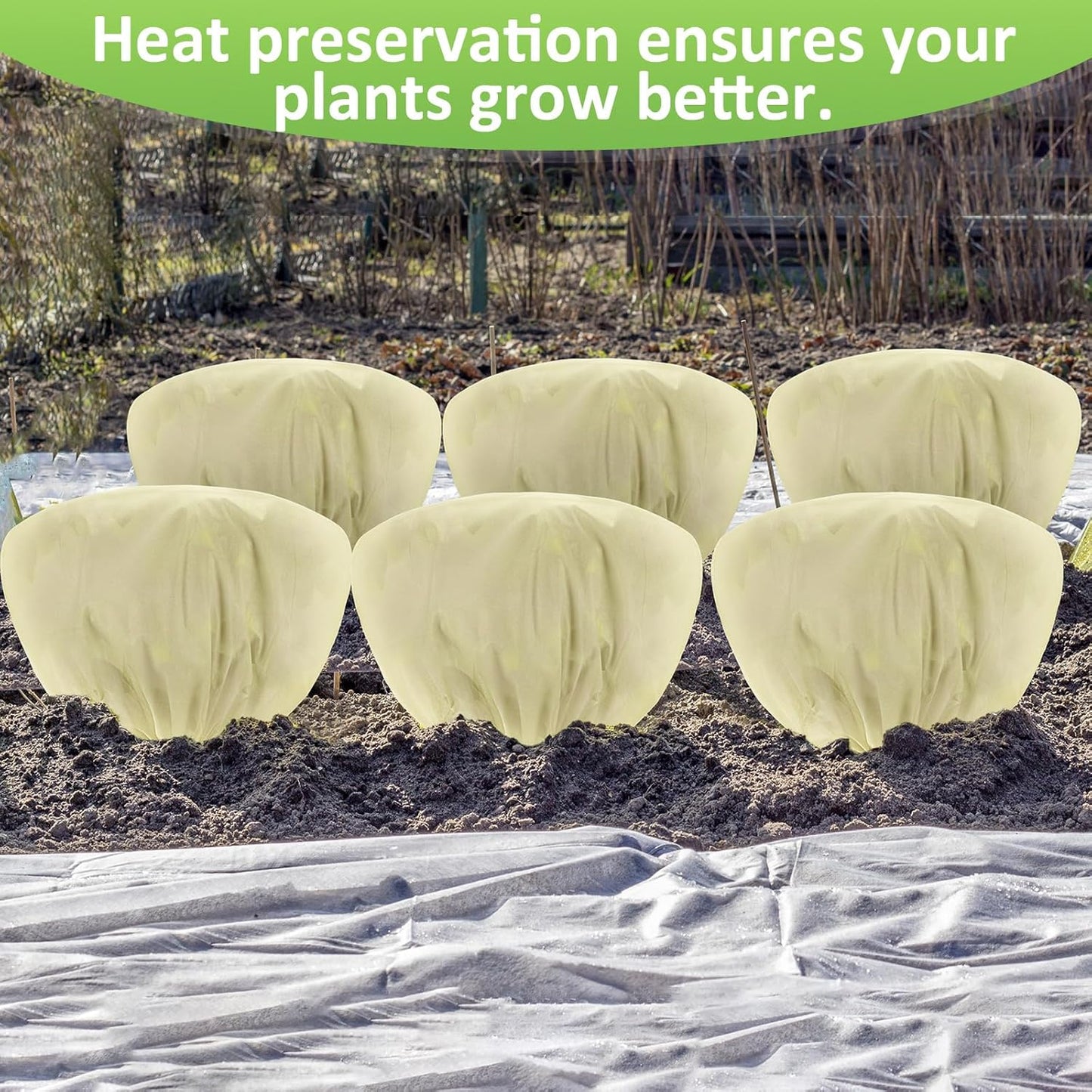 12 Pcs Winter Plant Covers Freeze Protection 39.4x23.6 Inch Horizontal Shrub Tree Rose Plant Protection Bags Frost Blanket with Drawstring for Fall Winter Outdoor Garden Planting (Beige)