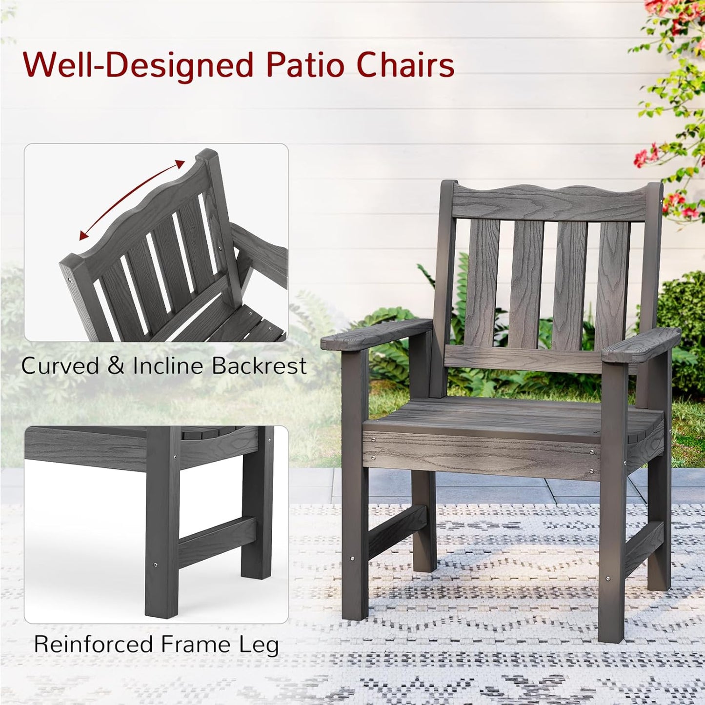 Stoog Outdoor Chairs Set of 2, All-Weather HIPS Patio Dining Chairs with Curved Backrest, 400 lbs Support Garden Chairs, Grey
