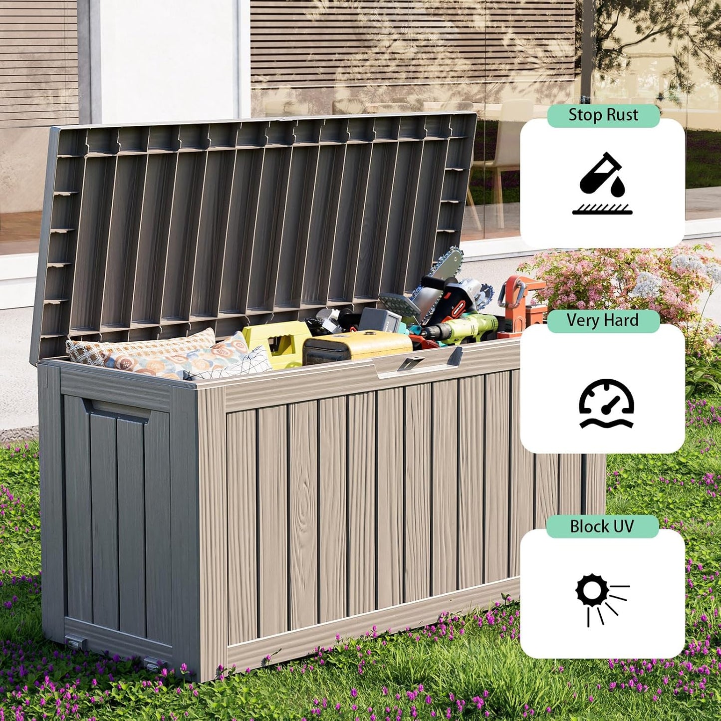 75 Gallon Waterproof Outdoor Storage Box,Resin Deck Box,Lockable Outside Storage Box Container for Patio Furniure,Garden,Pool Tools (75 Gallon,Grey)