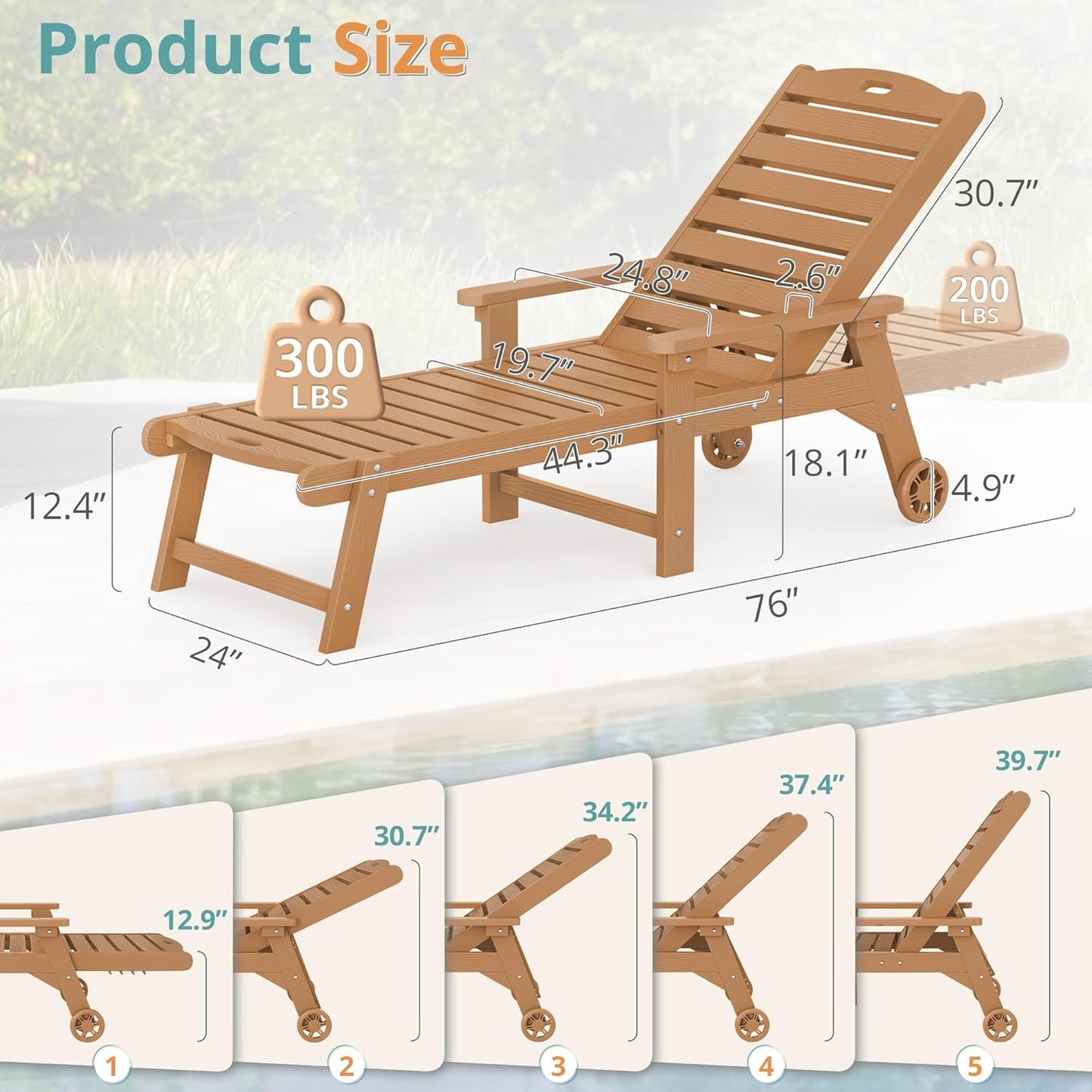 LUE BONA Outdoor Chaise Lounge Chairs Set of 4, HDPS Chaise Lounger, 5 Positions Adjustable Lounge Chairs, Pool Lounge Chair with Wheels for Poolside, 3 Year Warranty, Teak Color