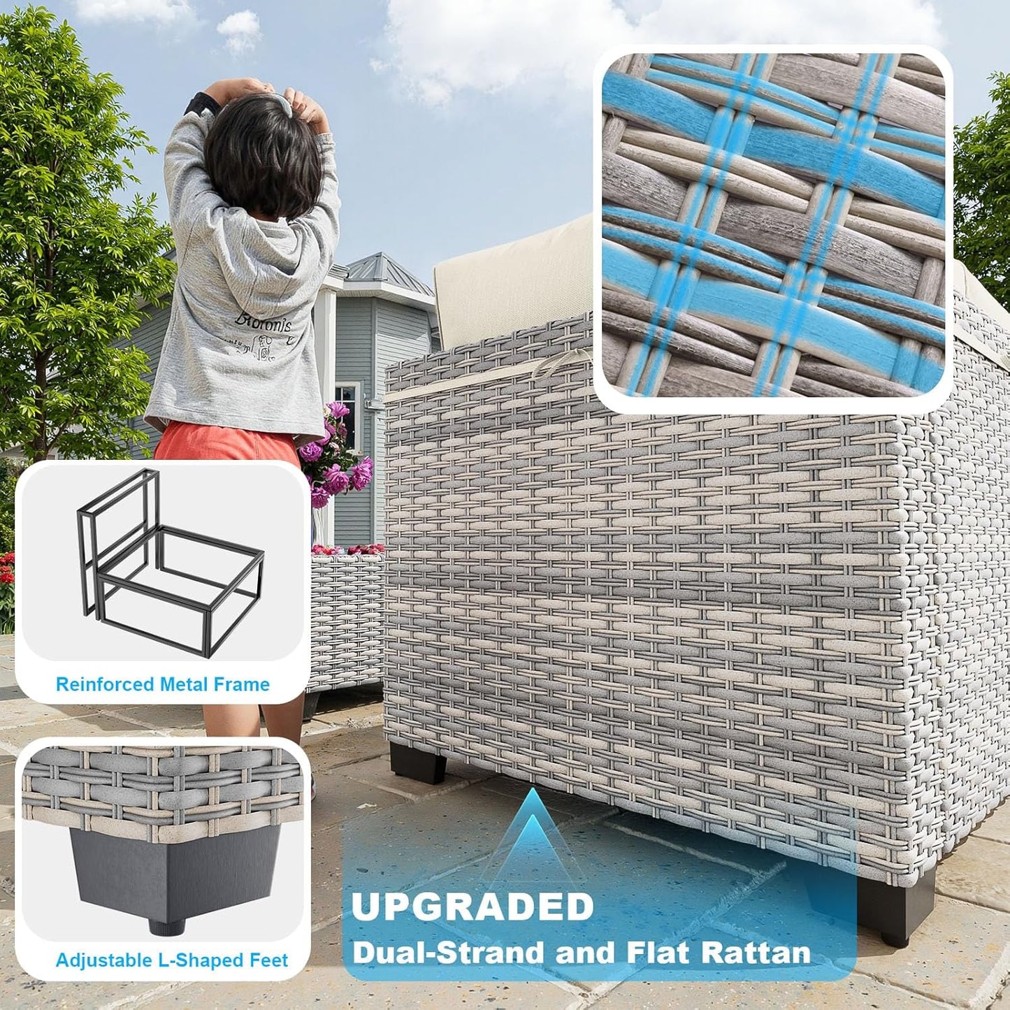 8-Piece Patio Furniture Set, Outdoor Patio Furniture with 55,000 BTU Fire Pit Table, Thick Cushions, Modular Patio Sofa, Dual-Strand Wicker Rattan, Rust-Resistant Frame, Ivory