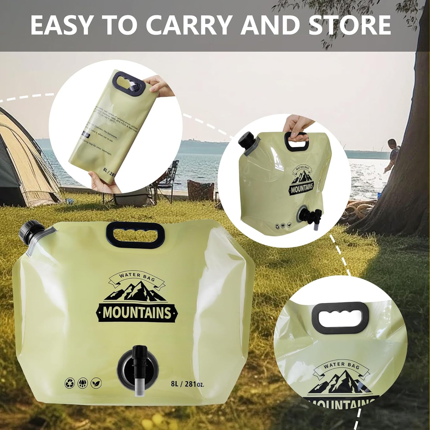 Collapsible 8L Water Storage Bag, BPA-Free Portable Folding Water Jug with Adjustable Faucet, Leakproof Emergency Water Bag for Camping, Hiking, Riding, Outdoor Sport (BEIGE&GREEN, 4)