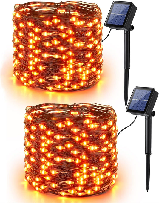 Brizled Orange Fairy Lights, 2 Pack Total 78FT 240 LED Solar Halloween Fairy Lights, 8 Modes Outdoor Halloween Lights, Waterproof Orange Twinkle Light for Outside Party Yard Decor Black Wire