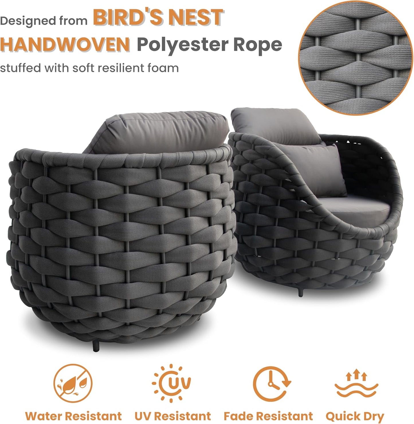 6 Pieces Rope Patio Furniture Set: Aluminum Outdoor Couch Set Cushioned - Assembled Porch Conversation Sofa Set Modern - Metal Patio Seating for 7 Person Deck Garden Poolside Hotel, Dark Gray