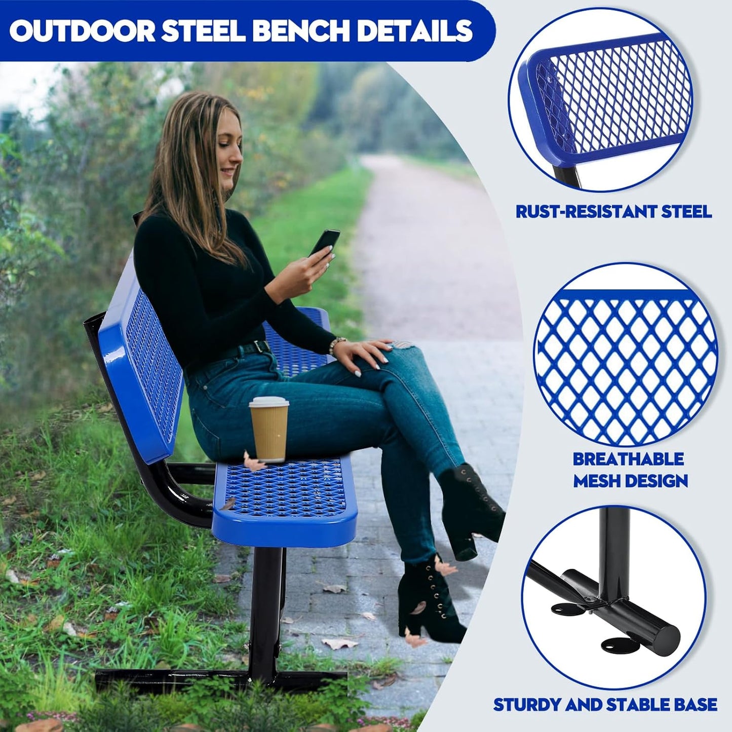 Outdoor Garden Bench, Cast Iron Metal Frame Patio Park Bench with Backrest, Portable Expanded Metal Black Bench, Commercial-Grade Outdoor Seating for Lawn, Patio, Park, Yard, Garden (Blue, 8FT/96'')