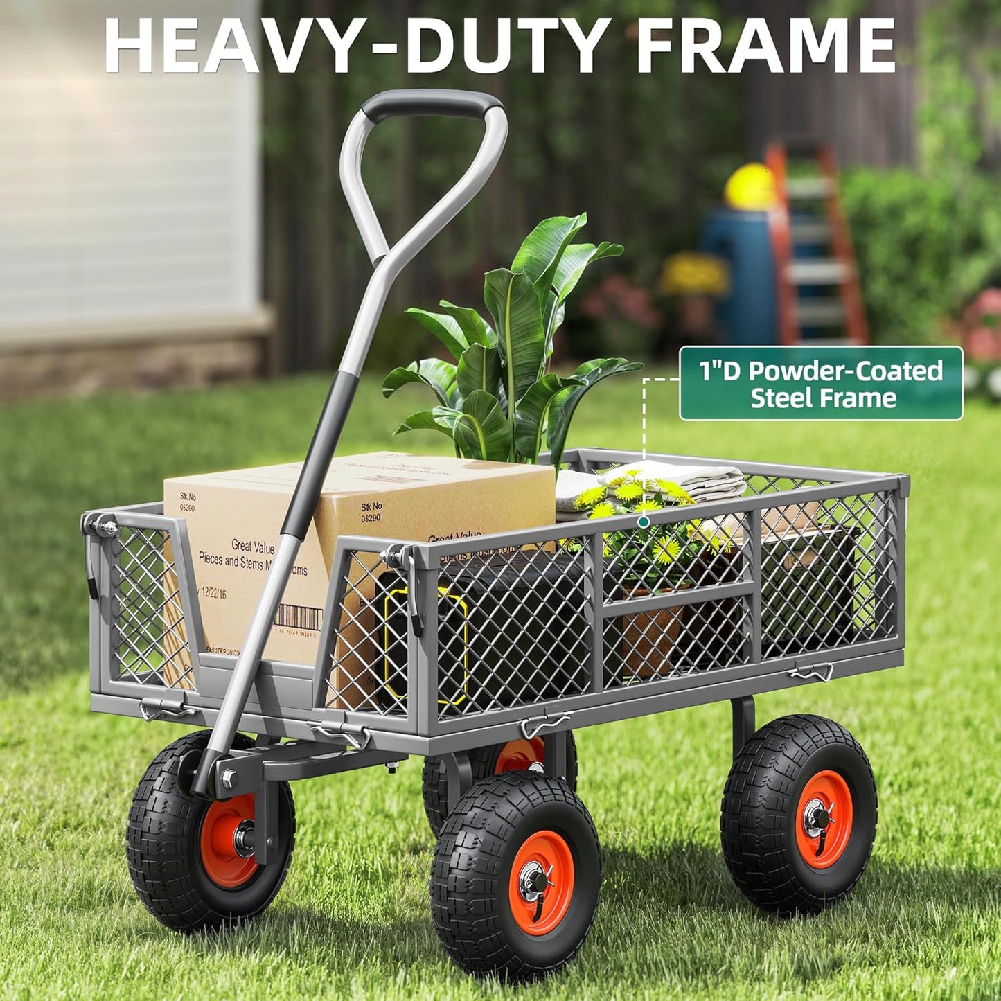 Heavy Duty 900 lbs Capacity Mesh Steel Garden Cart - 10" Pneumatic Tires, 180° Rotating Handle, Removable Sides, 4 CU'FT Utility Wagon for Yard & Garden