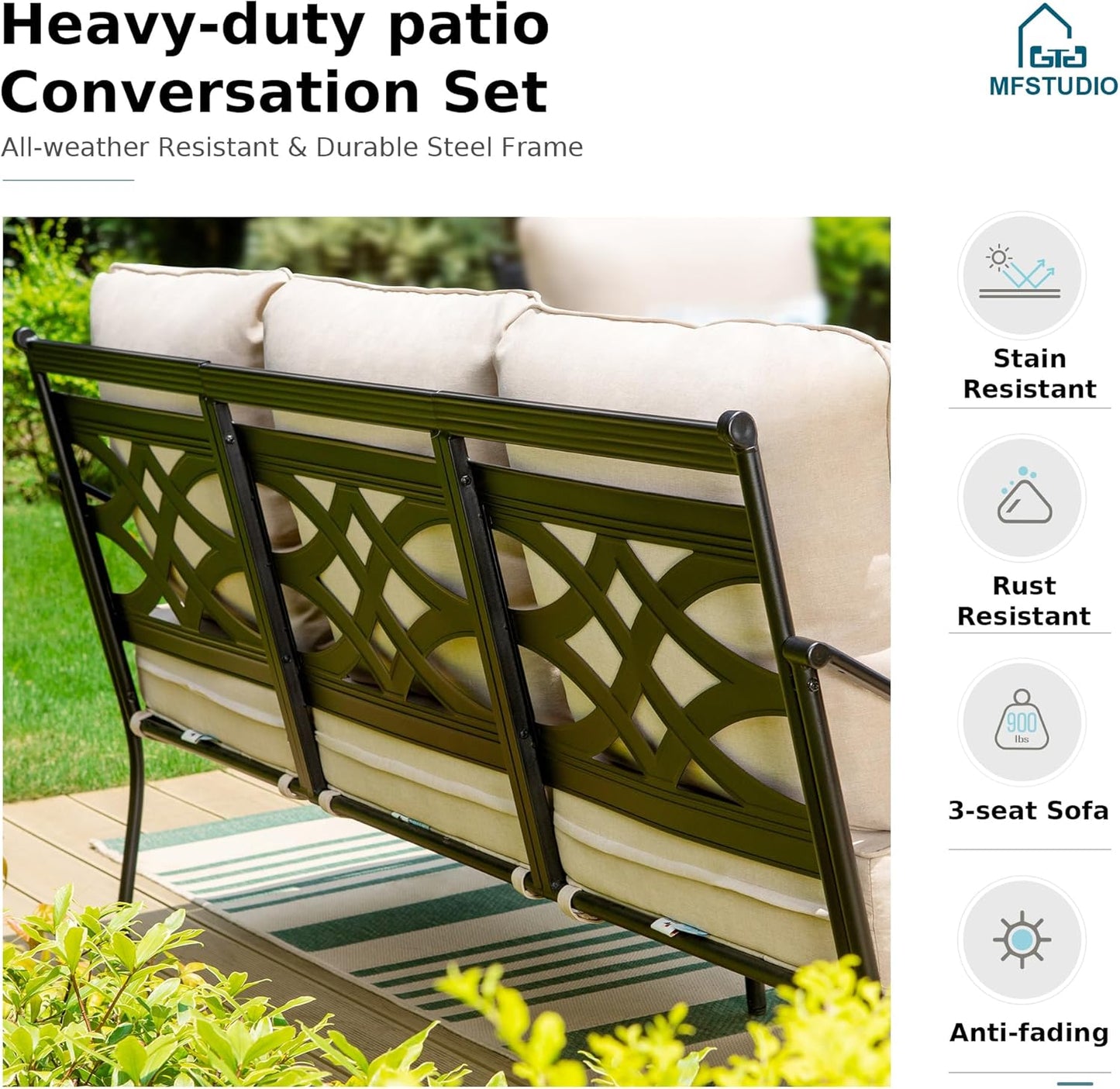 MFSTUDIO 5 Seats Large Metal Patio Conversation Sets, 4 Pieces Outdoor Sectional Furniture Sofa with 2 x Fixed Chairs, 1 x 3-seat Sofa and 1 x 45 inches Rectangular Propane Fire Pit Table