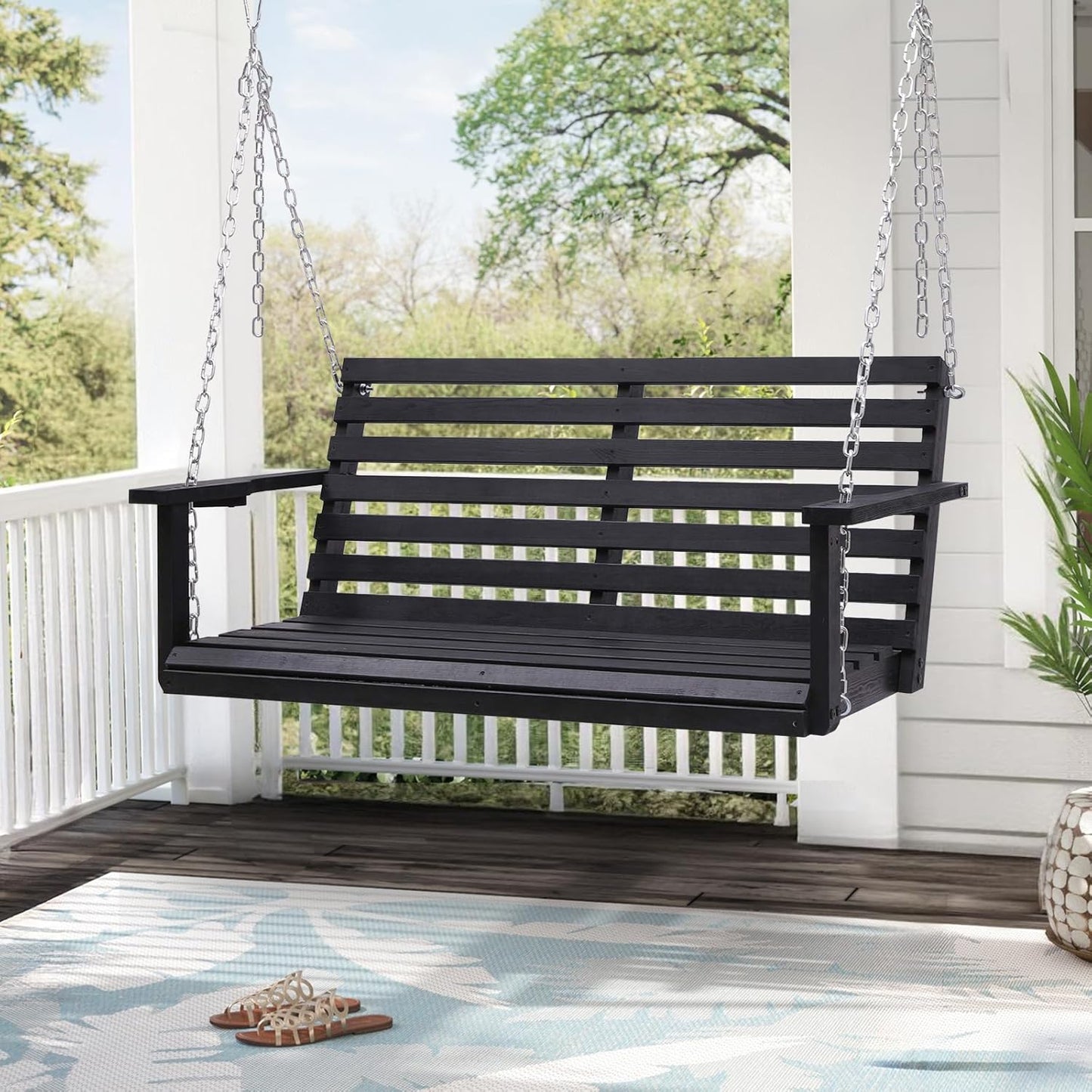 Wooden Porch Swing with Cup Holder, Outdoor Patio Swing Bench for Courtyard & Garden, Upgraded 4 FT Heavy Duty 880 LBS Porch Swing, Outdoor Swing with Hanging Chains, Black