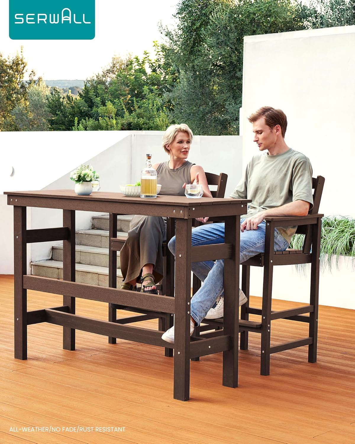 SERWALL 41" Outdoor Bar Table, All Weather HDPE Patio Bar Counter Height Table, Rectangle Patio Bar Table for Outside, Garden, Backyard, Balcony, Poolside, Brown