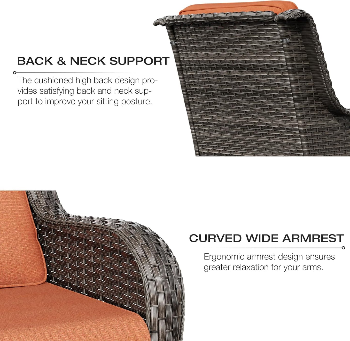 Joyside Wicker Patio Furniture Set 6 Piece Set with 1 Three-Seat Sofa, 2 Swivel Rocker Chairs, 2 Ottomans and 1 Side Table, Outdoor Furniture Patio Conversation Sets(Mixed Grey/Orange)