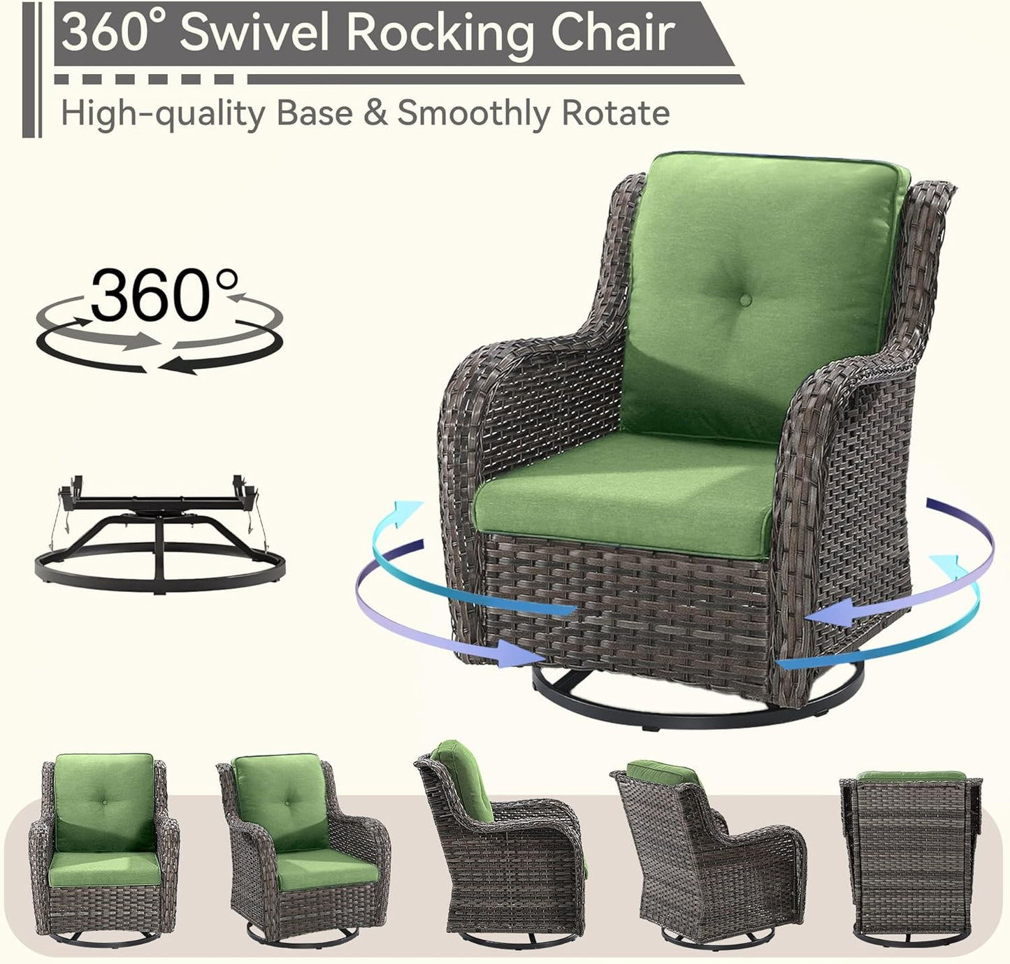 5 Pieces Outdoor Patio Furniture Set - Conversation Set Includes Wicker Swivel Rocker Chairs Set of 2, 2 Ottoman, 3 Seat Sofa, Suitable for Porch, Yard, Mixed Brown Rattan, Green