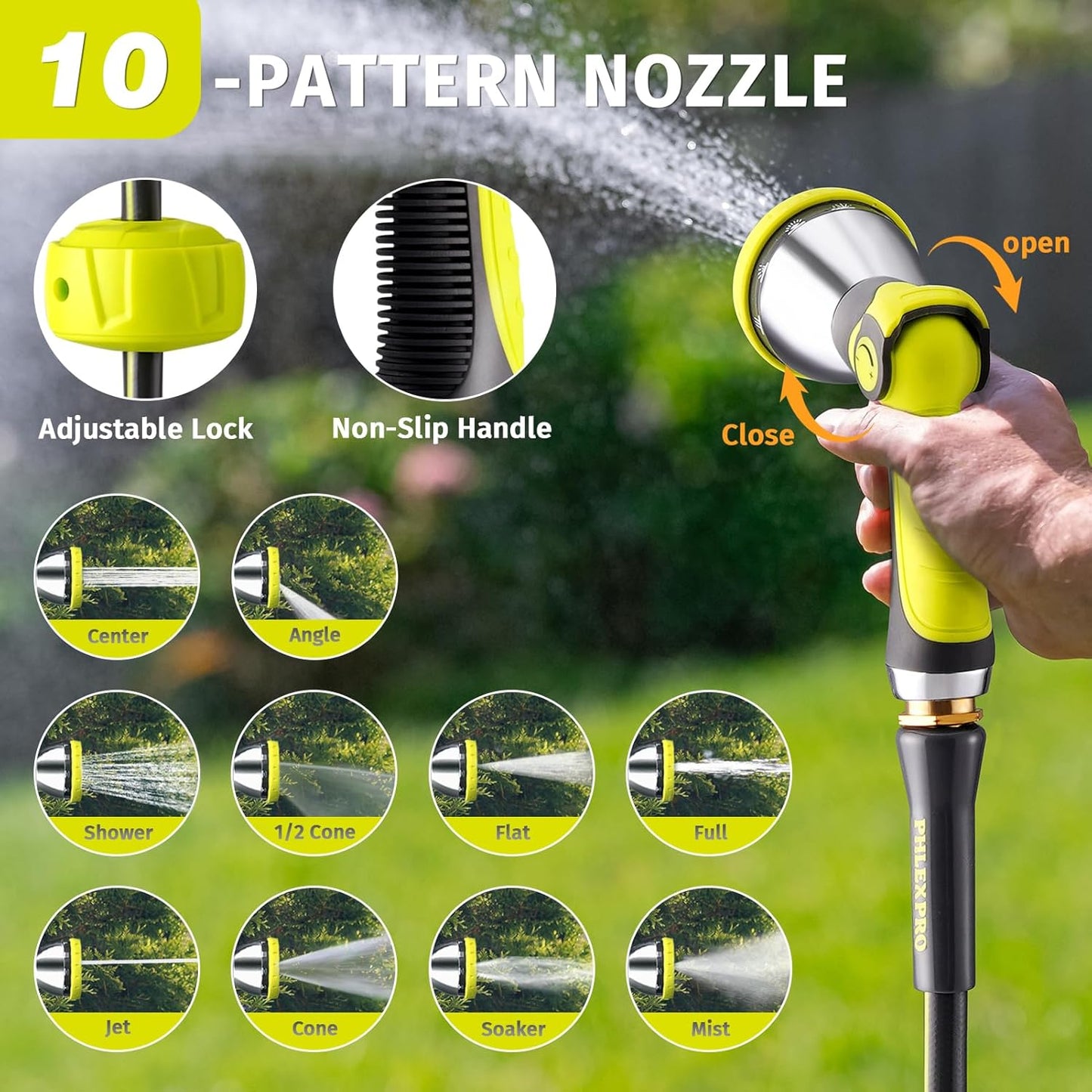 Garden Hose 100FT with 10 Pattern Spray Nozzle - PHLEX PRO Heavy-Duty 5/8'' Rubber 3-Layer Garden Hose - Innovation Flexible Hybrid Lightweight Water Hose, Full Brass Fittings (RyobiGreen)