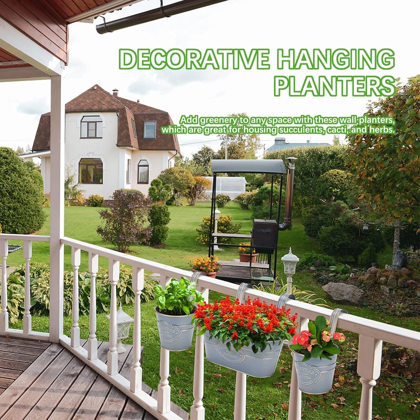 PerGar Vintage Metal Iron Wall Hanging Flower Pots, Rustic Planter Bucket Herb Flower Plant Holder with Detachable Hooks & Drainage Hole for Railing Fence Balcony Deck Garden Home Decoration, Set of 3