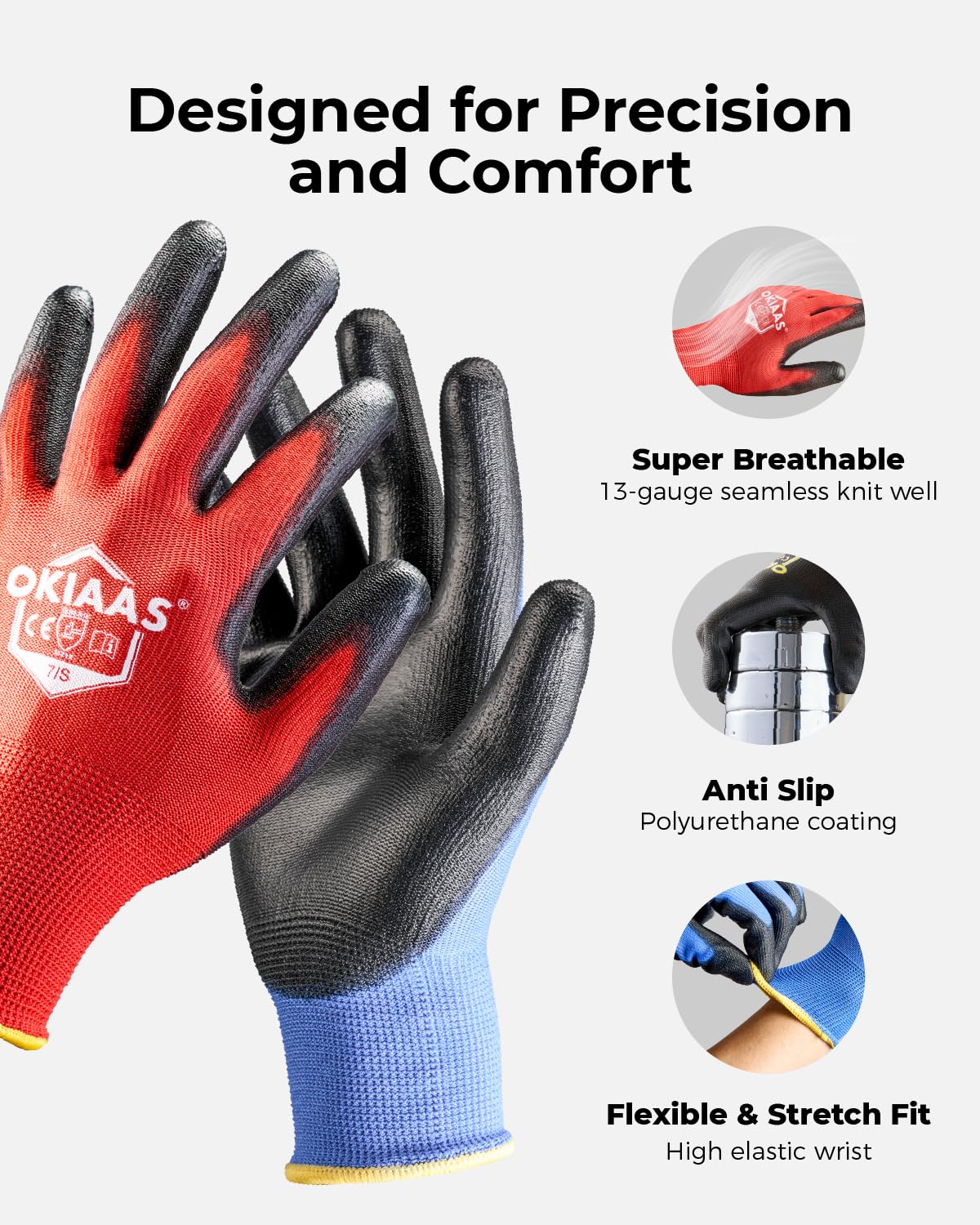 OKIAAS Work Gloves for Men - Ultra Thin and Lightweight With Grip, Bulk Case of 60 Pairs, Polyurethane Coating for Construction and Light Duty Work (Black, X-Large)