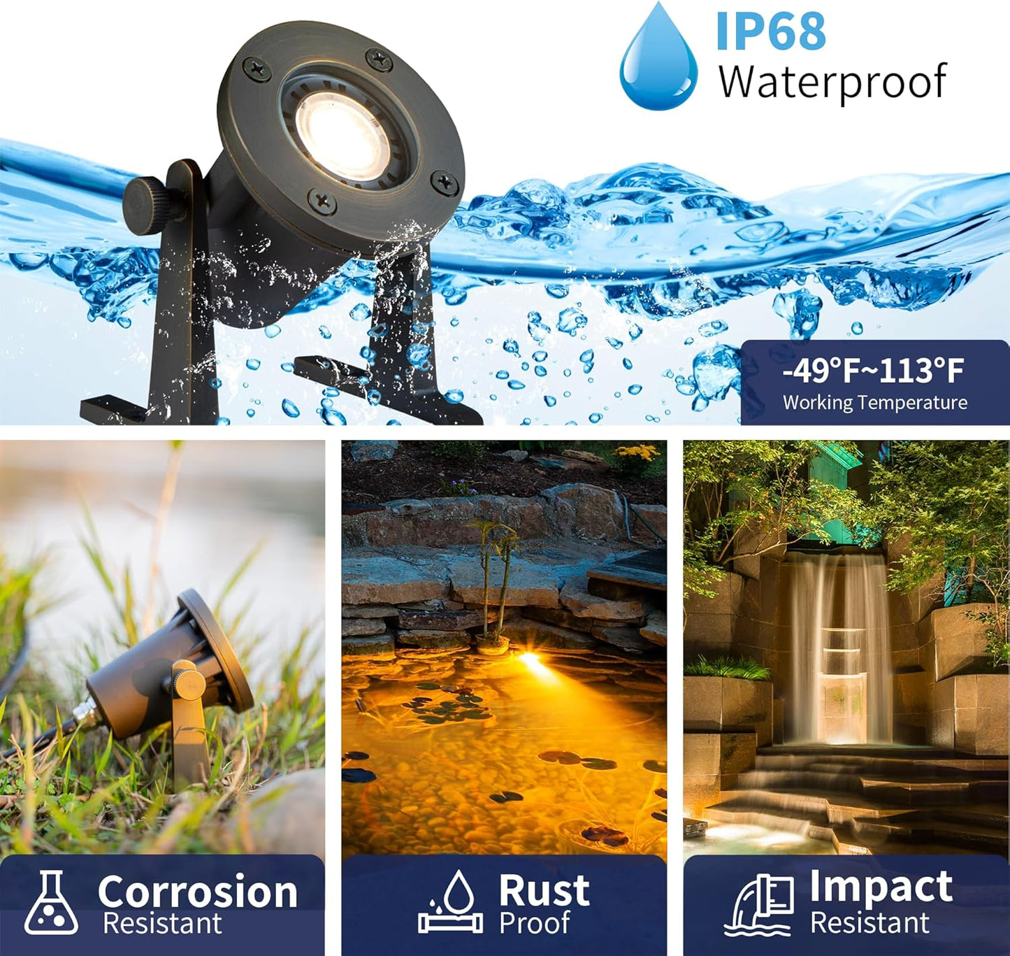 Brass Underwater Pond Light - 12V Low Voltage Fountain Lights Wired, IP68 Waterproof Submersible Pool Lighting LED, Adjustable Bronze for Outdoor Waterfall Water Area MR16 Bulb Not Included