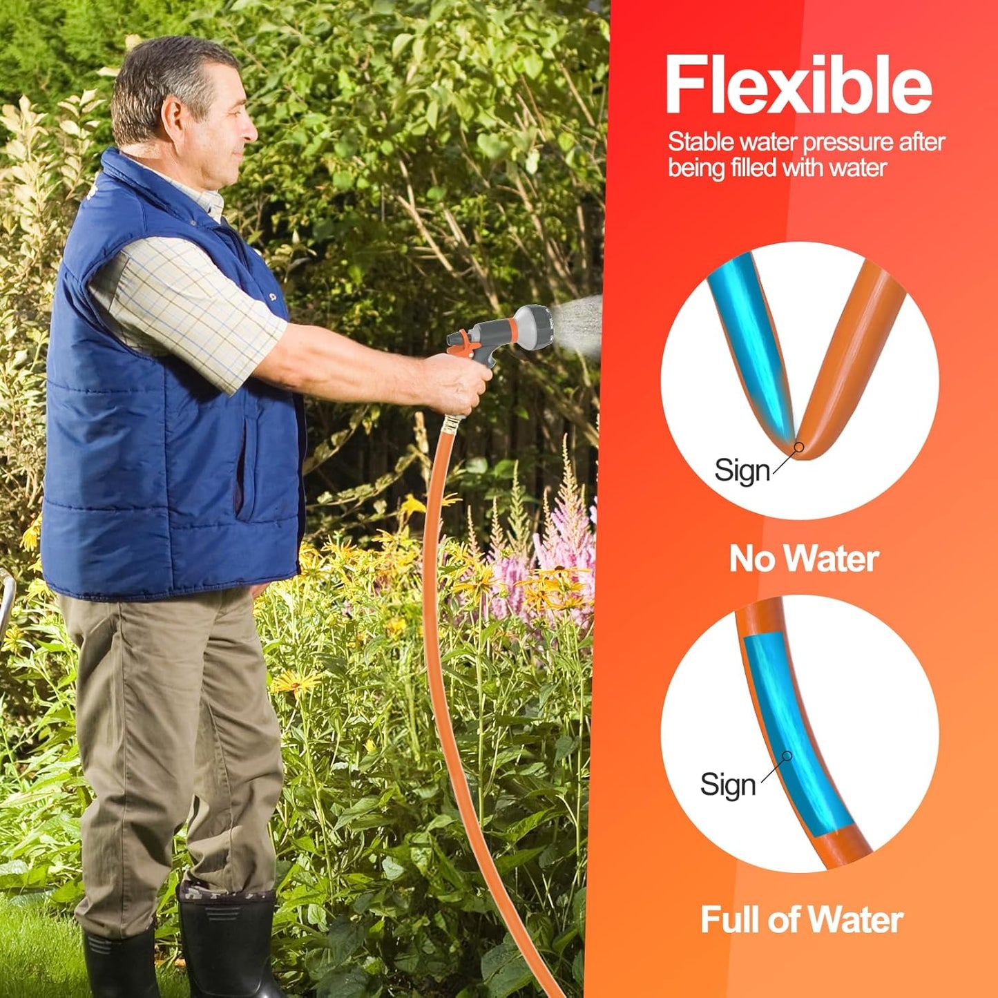 Garden Water Hose 100 ft x 3/4 in Heavy Duty, Flexible and Lightweight, Burst 600 psi, Kink-less Hybrid Rubber Pipe for Backyard, 3/4'' Brass Fittings, Orange