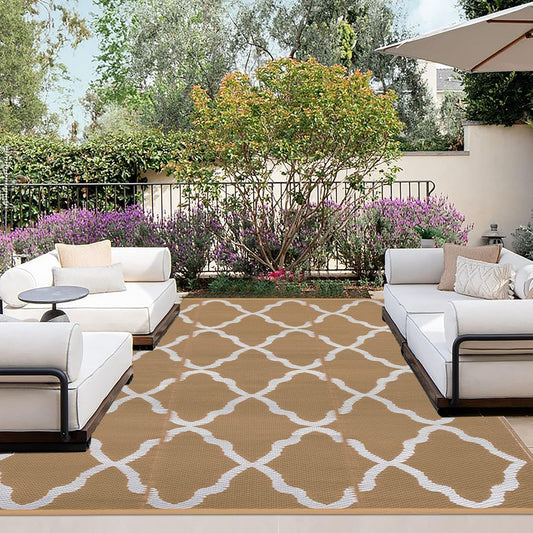 OutdoorLines Outdoor Plastic Area Rugs for Patio 5x8 ft - Reversible Outside Carpet, Stain & UV Resistant RV Mats, Straw Rug for Camping, Deck Garden, Porch and Balcony, Moroccan/Brown & Light Grey