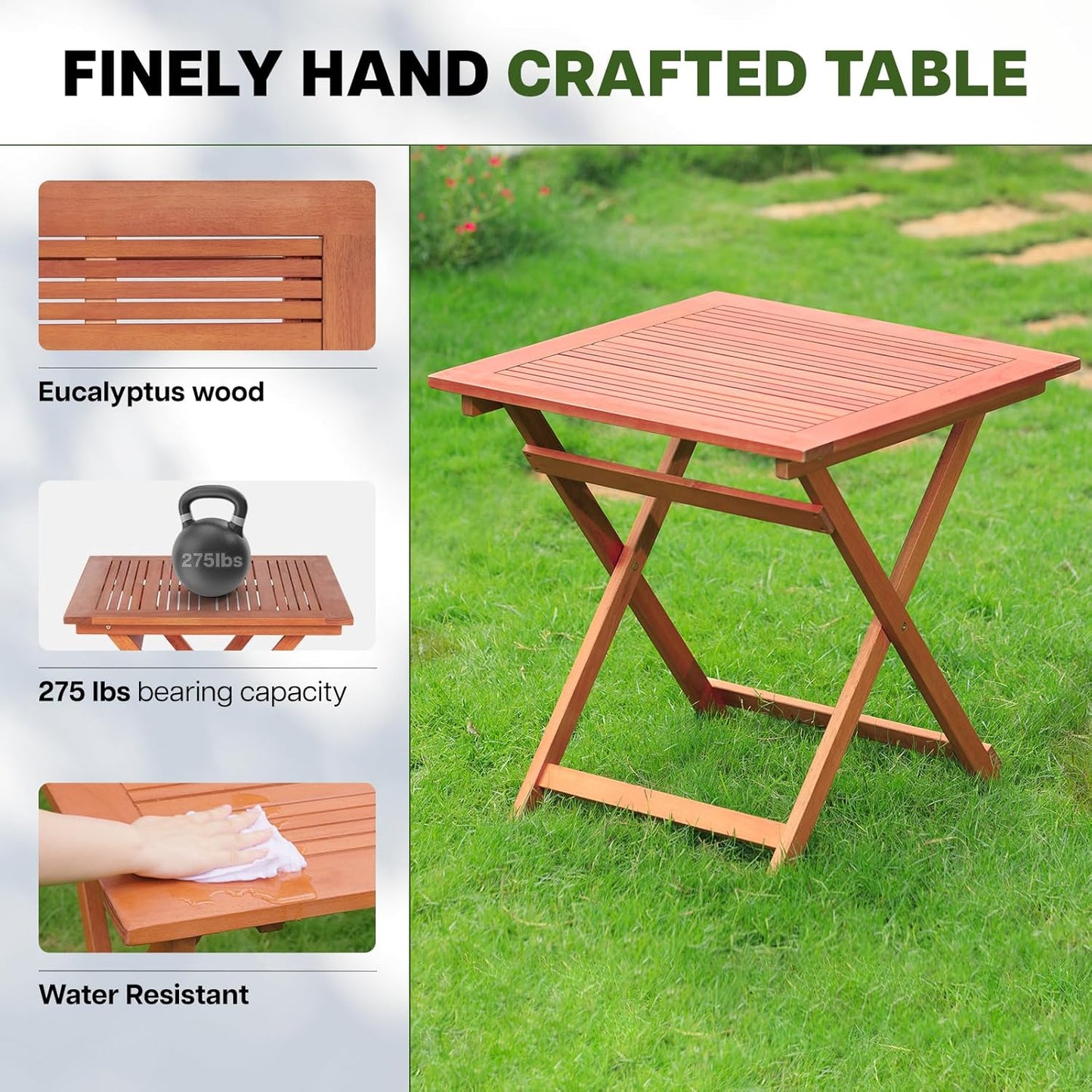 IDZO Eucalyptus Wood Patio Dining Table, 27.75 Inch x 27.75 Inch, Heavy Duty 275lbs Capacity Furniture for Garden, Patio, Balcony