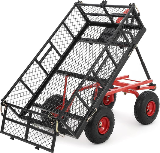 880 Lb 10 Inch Tire Steel Garden Cart with 4-Side Removable Mesh and 180° Swivel Handle, Garden Wagon Cart Heavy Duty, Heavy-Duty Patio Dump Cart Utility Wagon, for Lawn, Patio