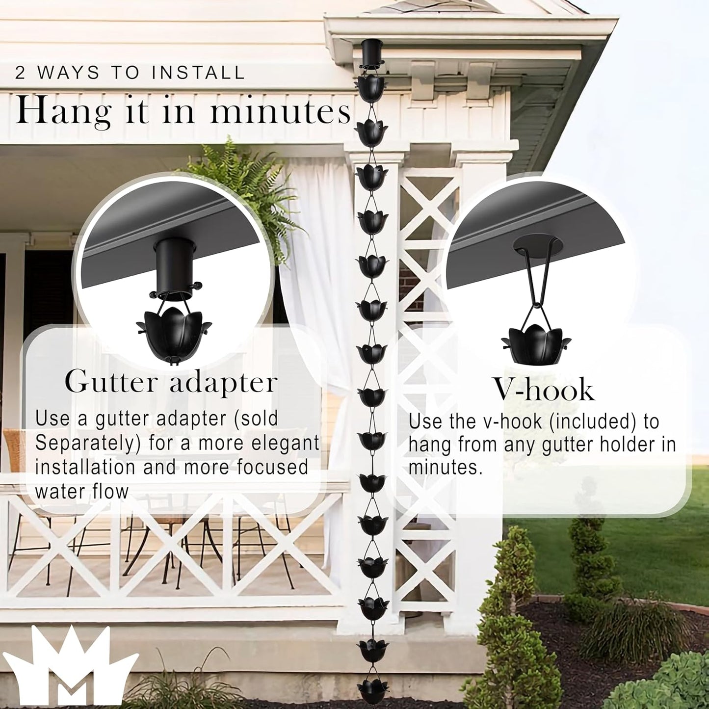 Monarch Rain Chains Aluminum Large Lotus Rain Chain, 8.5 ft Black Powder Coated Aluminum Decorative Rain Catcher Chain for Gutters, Black Aluminum Rain Gutter Replacement Downspout