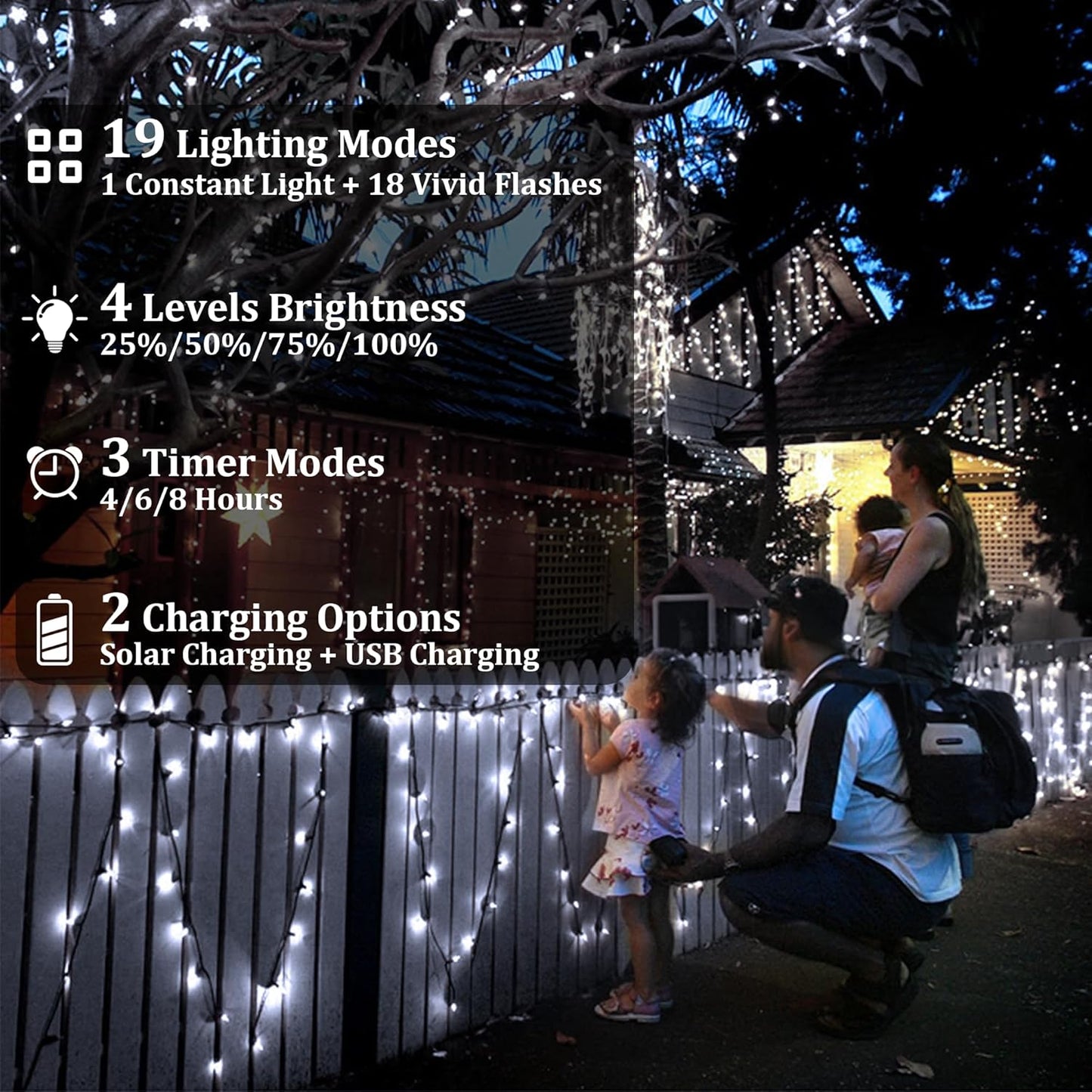 2-Pack 200FT Solar String Lights for Outside, 600 LED Extra-Bright Solar Light Outdoor with 19 Modes & Timer, Waterproof Fairy Solar Lights for Garden Patio Tree Christmas Decorations (Cool White)
