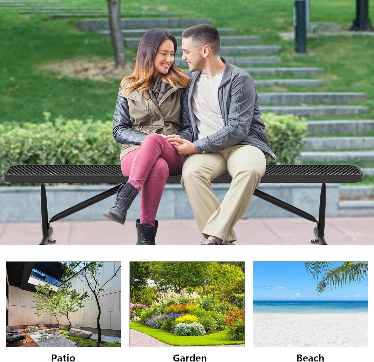 8 Feet Heavy Duty Metal Park Bench for Outside, Outdoor Bench with Portable Frame, Commercial Benches for Shopping Mall, Store, Park, Patio, Deck, Black