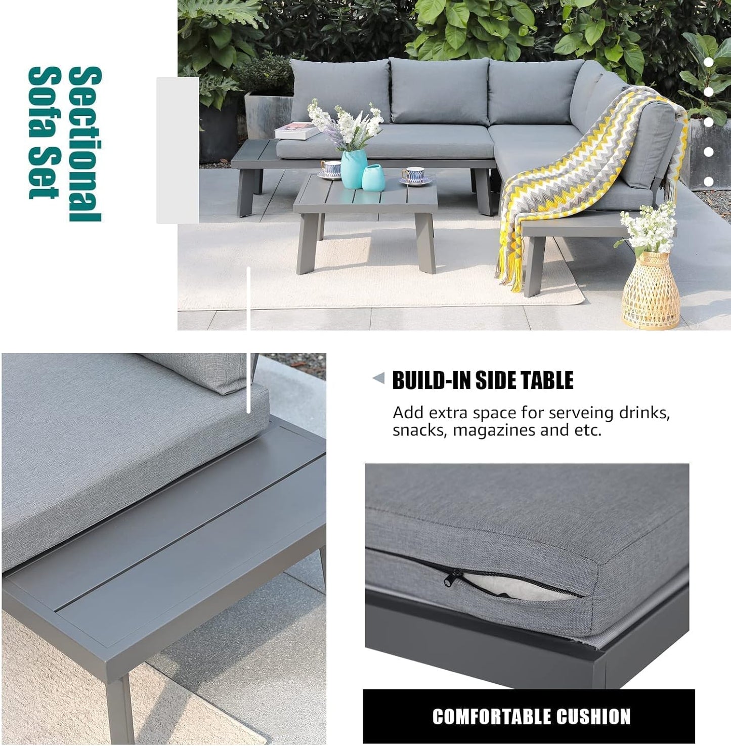 Soleil Jardin 4-Piece Outdoor Patio Furniture Set L-Shaped Aluminum Sectional Sofa with Coffee Table All-Weather Patio Conversation Set with Cushions, Dark-Grey