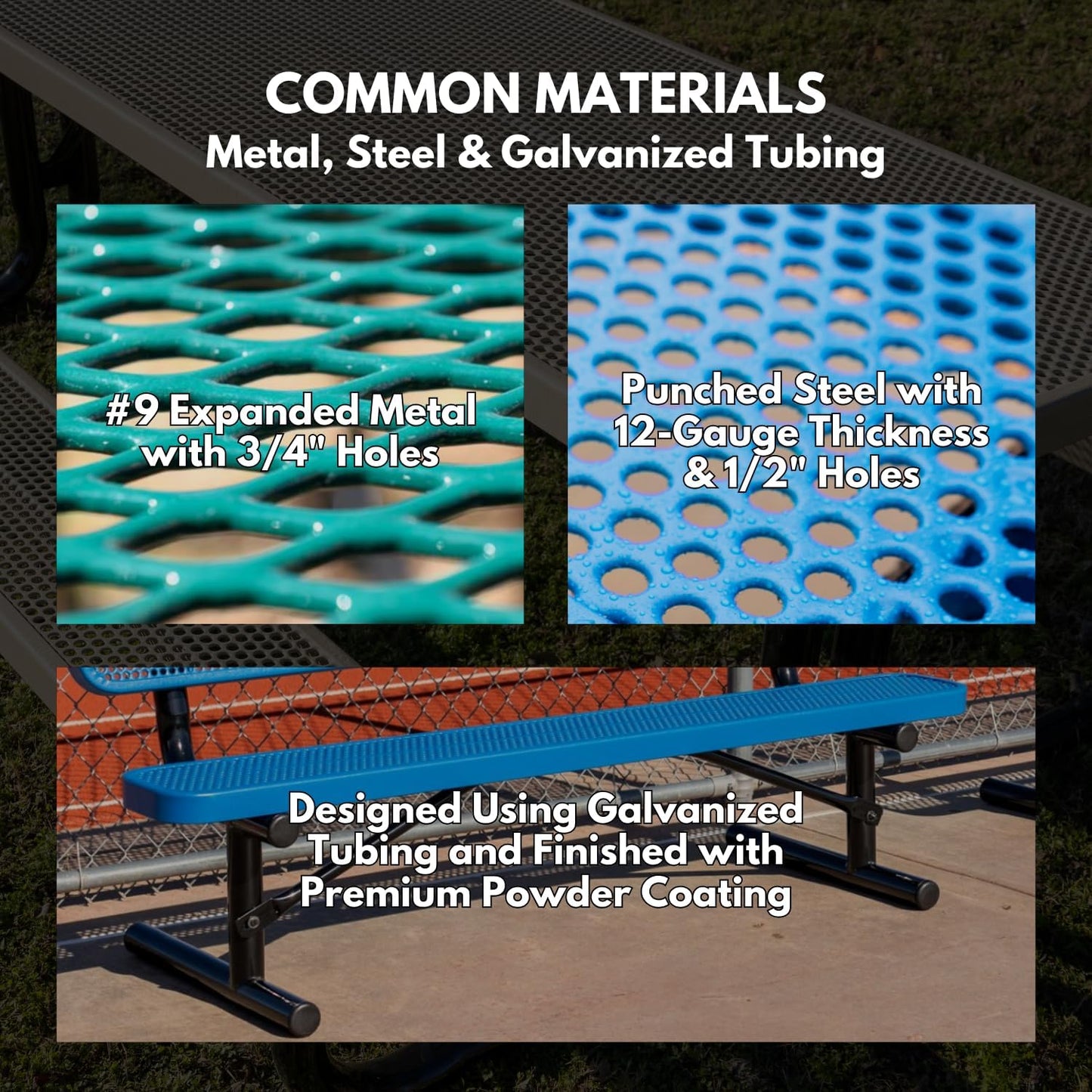 Heavy-Duty Portable Outdoor Bench Thermoplastic Coated, Expanded Metal, Commercial-Grade Seating, Made in America (Portable Without Back, 8 Ft, Textured Brown)