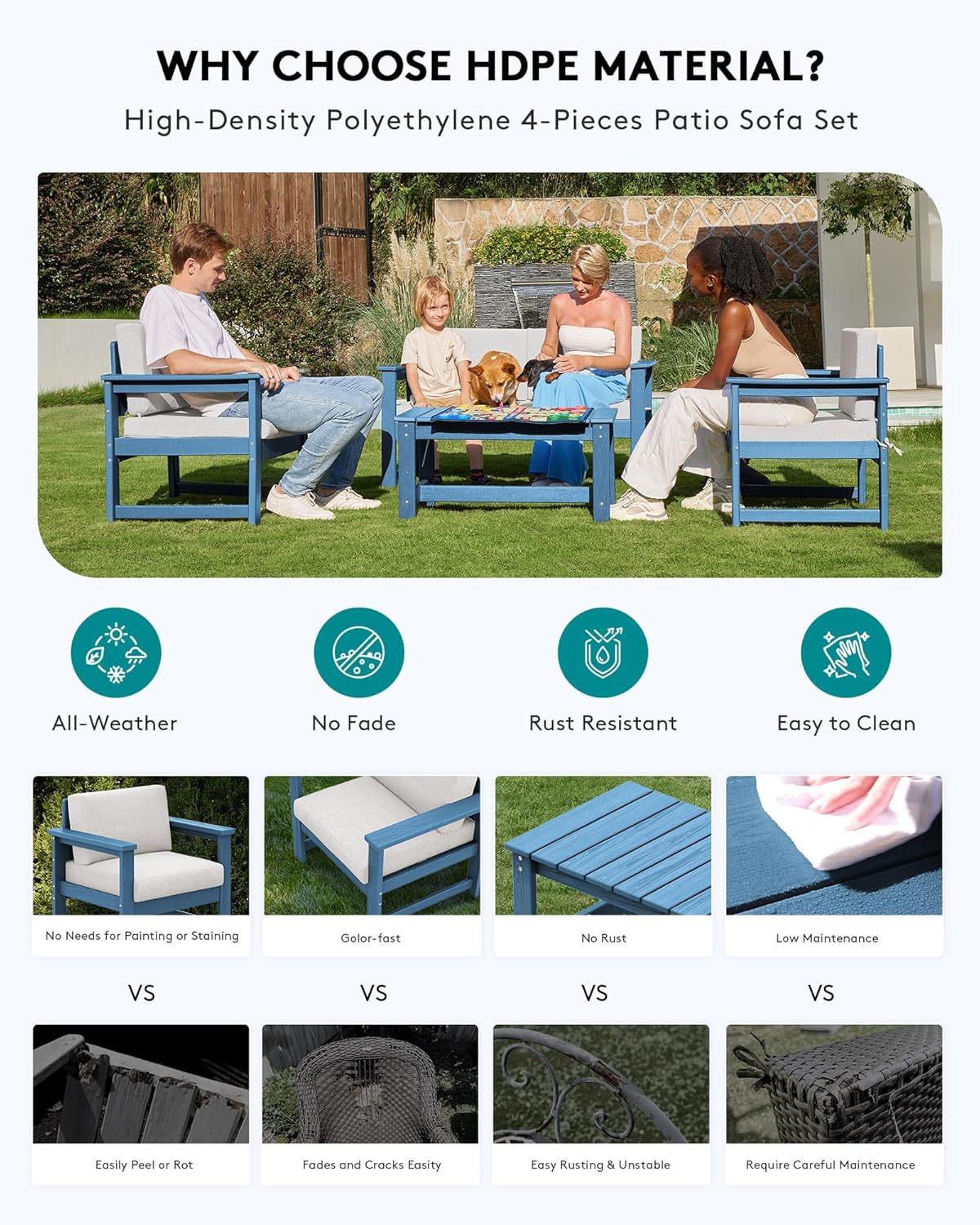 SERWALL 8 Pieces HDPE Outdoor Conversation Sofa Set with Cushions, All Weather Use Couch Loveseat Furniture with Side Table for Balcony, Deck, Poolside, BlueFrame with Khaki Cushions
