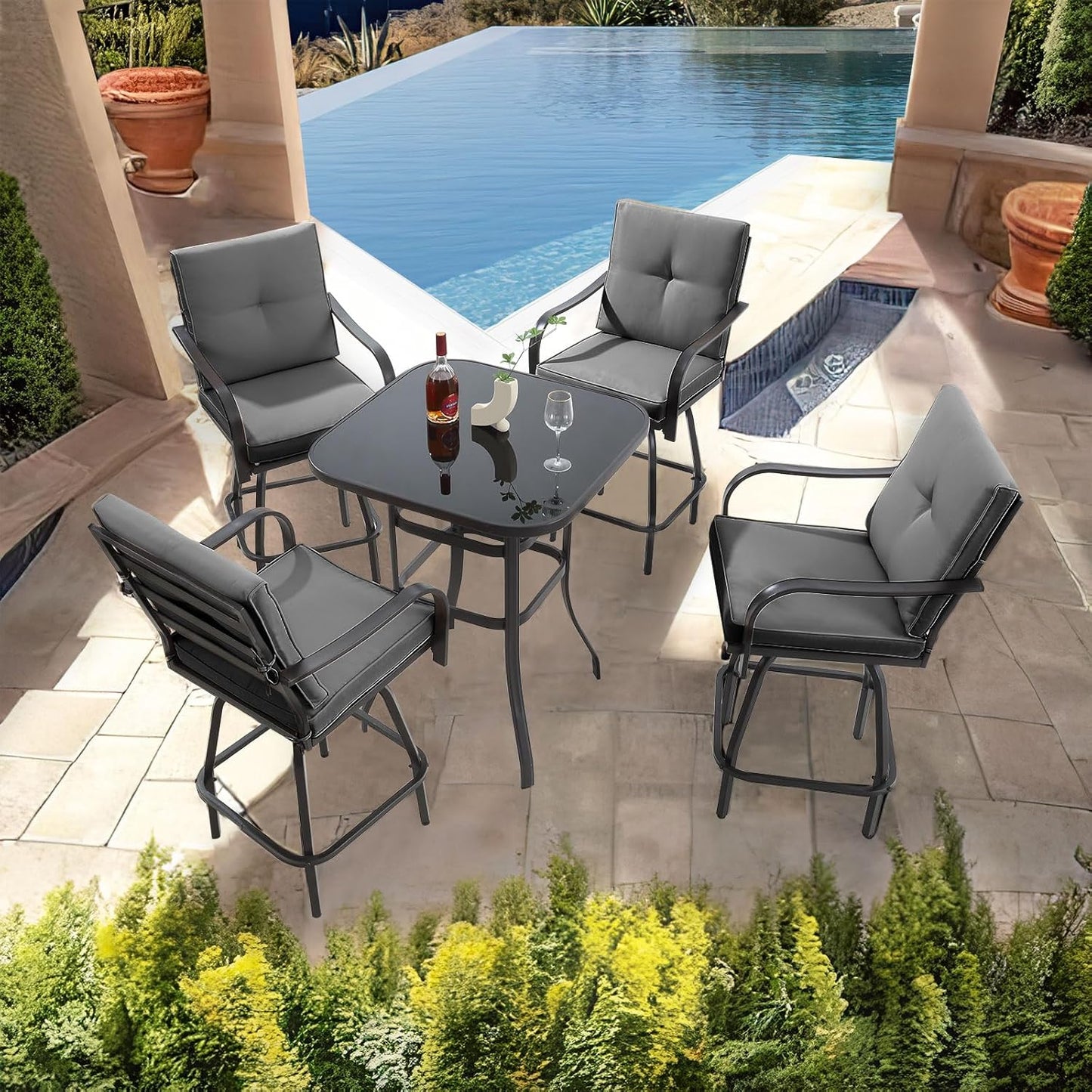 Patio Swivel Bar Stools Set of 6, Outdoor Bar Height Patio Swivel Chairs with Cushion for Garden Balcony Backyard (Grey)