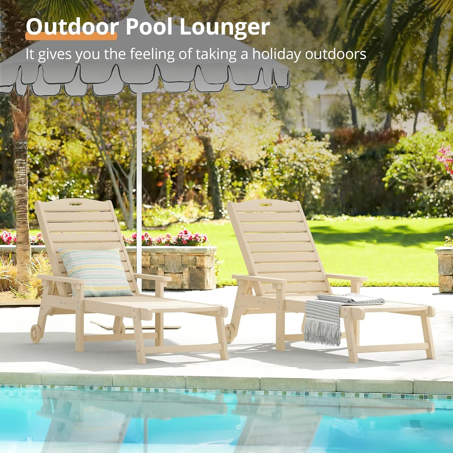 LUE BONA Chaise Lounge Chairs Set with Table, 3-Piece, 79'' Oversized HDPS Material, 5 Positions Adjustable Patio Lounge Chairs, Pool Lounge Chair with Wheels for Poolside, 3-Year Warranty, Sand