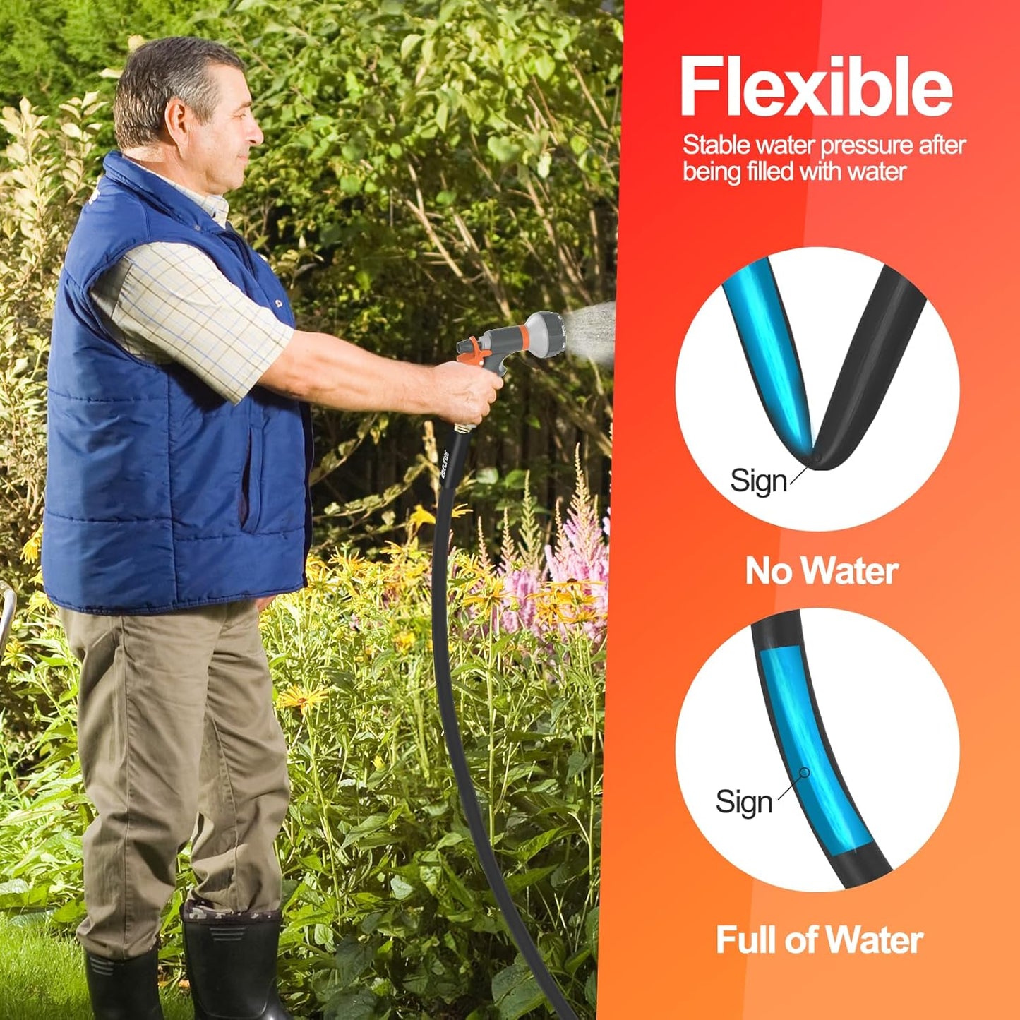 Garden Water Hose 25 ft x 5/8 in Heavy Duty, Flexible and Lightweight, Burst 600 psi, Kink-less Hybrid Rubber Pipe for Backyard, 3/4'' Brass Fittings, Black