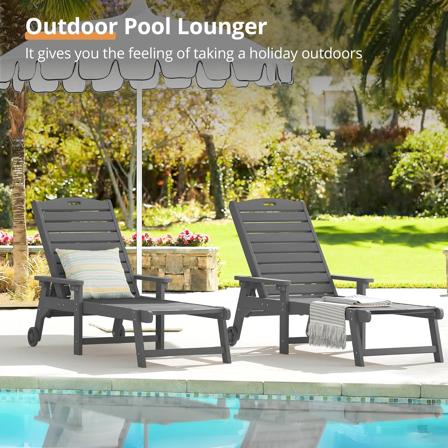 LUE BONA Outdoor Chaise Lounge, 79'' Oversized HDPS Chaise Lounger, 5 Positions Adjustable Lounge Chairs, Pool Lounge Chair with Wheels for Poolside, Backyard, 3 Year Warranty, Dark Gray