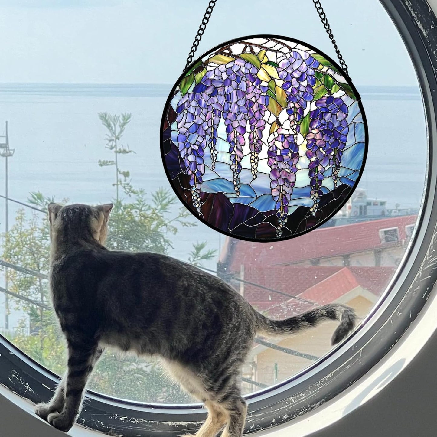 Stained Glass Window Hanging, Purple Wisteria Flowers Suncatcher for Doors Window Home Plant Sun Catchers Decoration Mother's Day Birthday Gifts for Women, Men, and Mom 15x15 in
