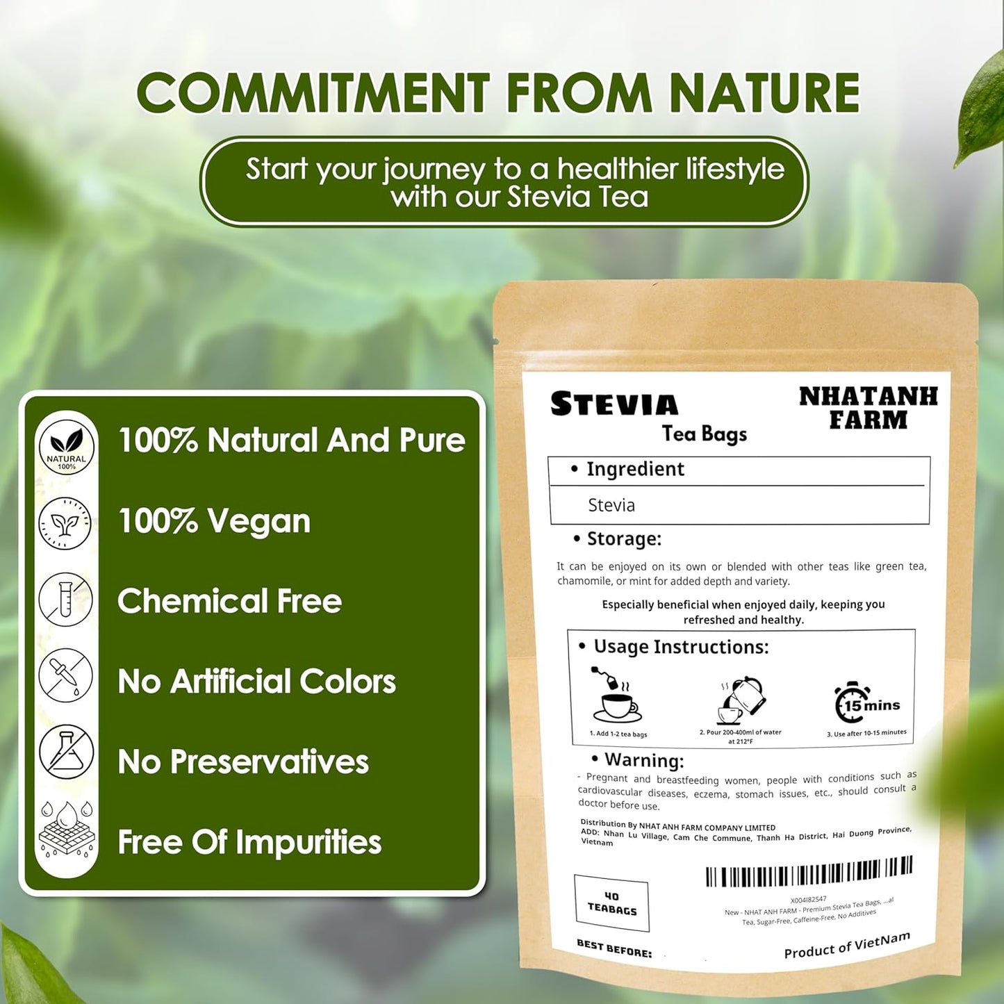 NHAT ANH FARM - Premium Stevia Tea Bags, 100 Stevia Tea Bags, 100% Natural Dried Leaves, Naturally Sweet Herbal Tea, Sugar-Free, Caffeine-Free, No Additives.