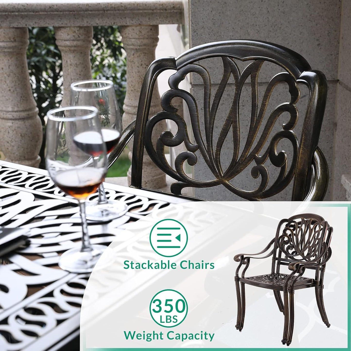 VIVIJASON 3-Piece Patio Furniture Dining Set, All-Weather Cast Aluminum Outdoor Bistro Set, Include 2 Chairs and 31" Round Table w/Umbrella Hole for Balcony, Lawn, Garden, Backyard